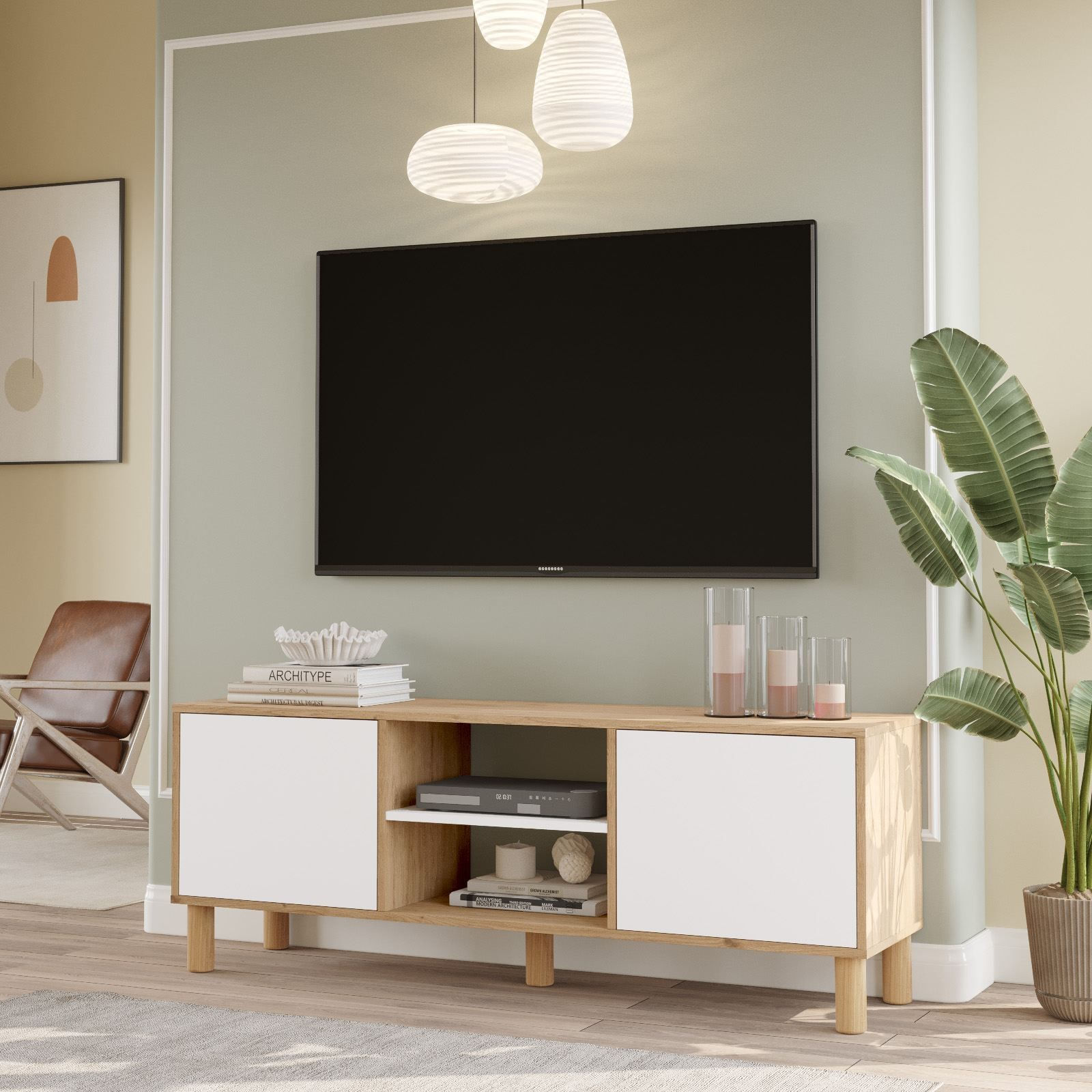 Comoda TV ALS1-SW, 160 x 59,1 x 40 cm, stejar alb, PAL melaminat, fixare pe perete — imaginea 6