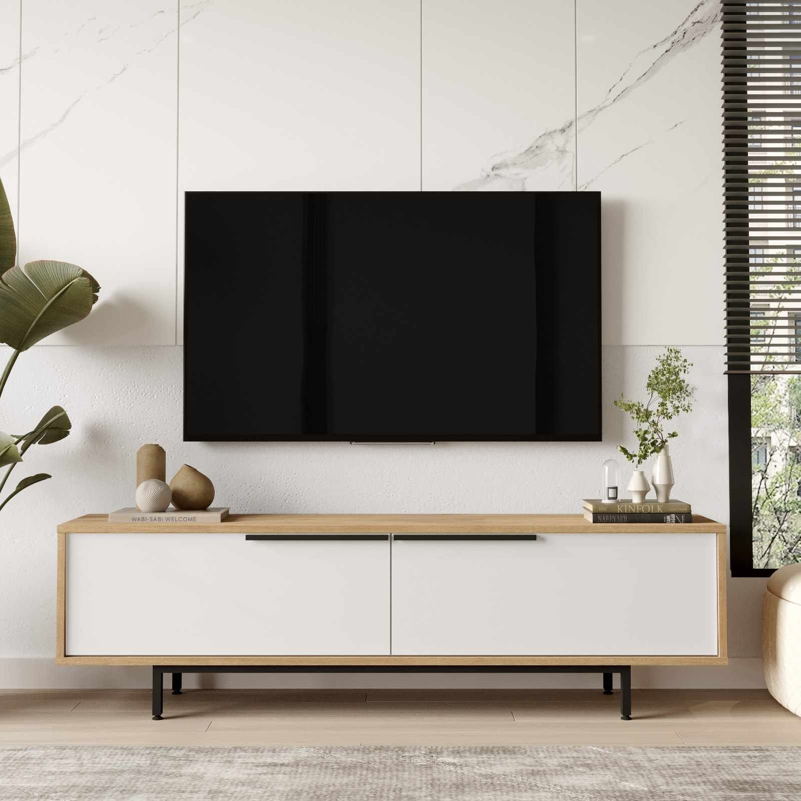 Comoda TV Boh1-Sw, 160 x 45,1 x 35,5 cm, natural alb, PAL melaminat, capacitate 25 kg — imaginea 2