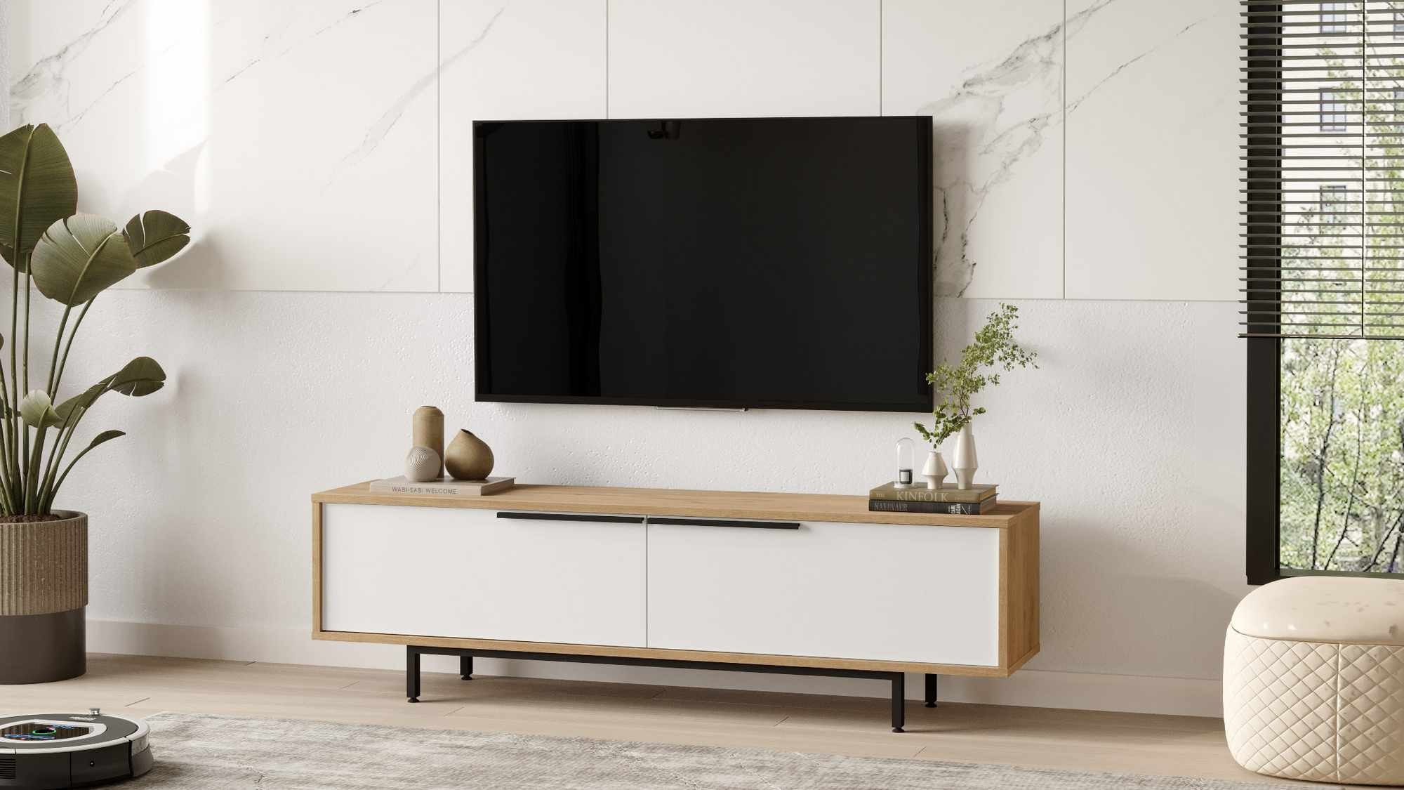 Comoda TV Boh1-Sw, 160 x 45,1 x 35,5 cm, natural alb, PAL melaminat, capacitate 25 kg — imaginea 3