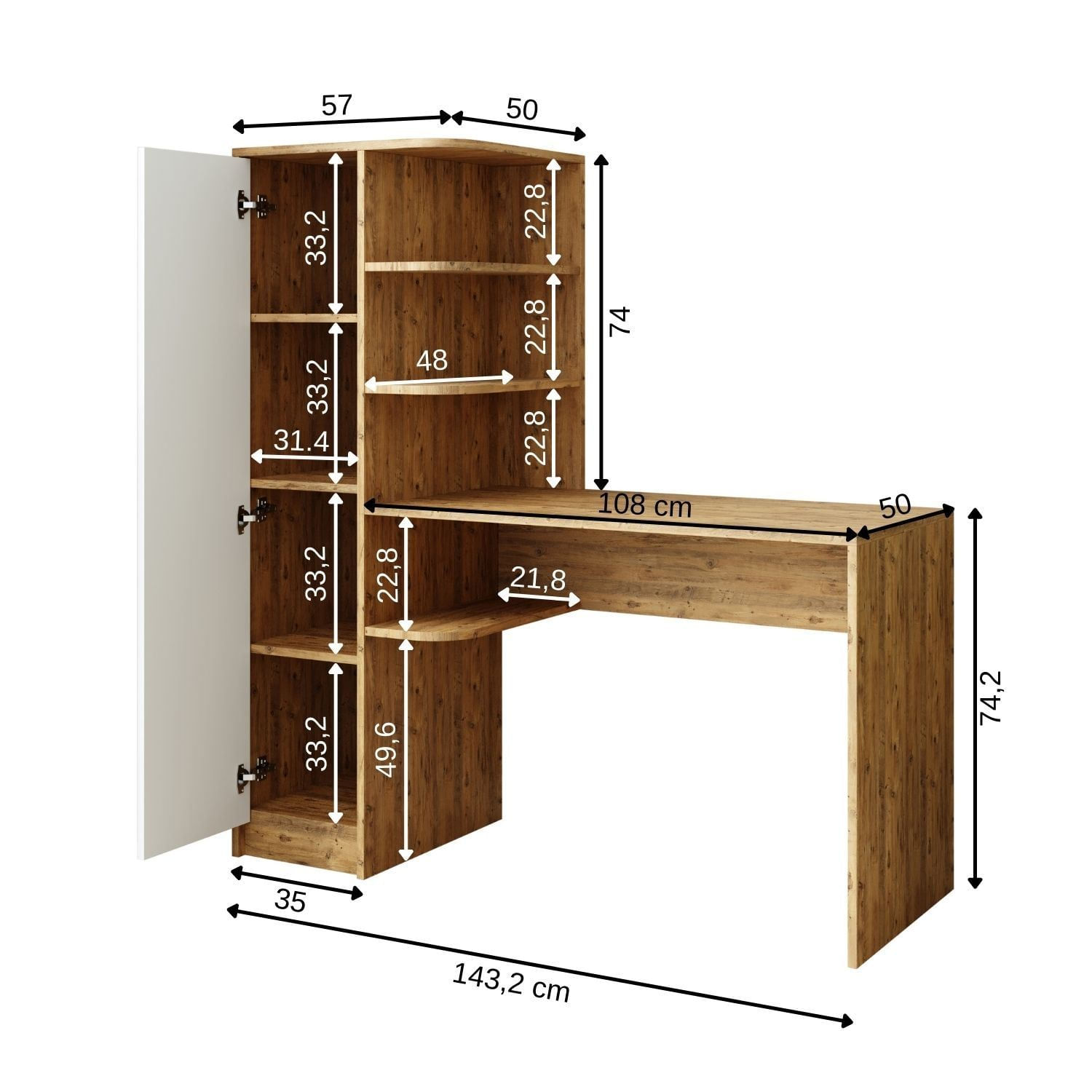 Birou cu biblioteca 2074, 143,2 x 143,2 x 50 cm, pin atlantic alb, PAL melaminat, design modern — imaginea 3