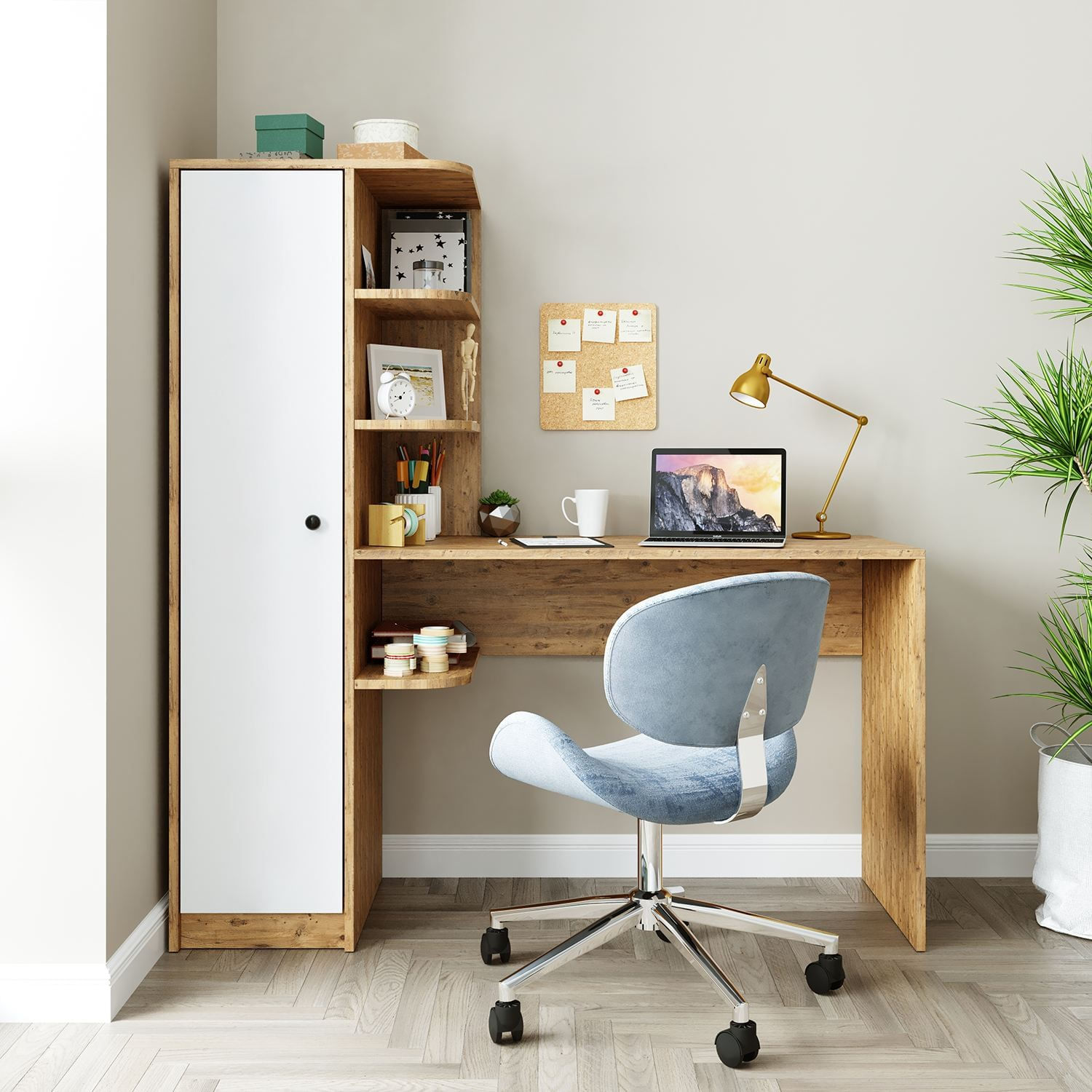 Birou cu biblioteca 2074, 143,2 x 143,2 x 50 cm, pin atlantic alb, PAL melaminat, design modern — imaginea 4