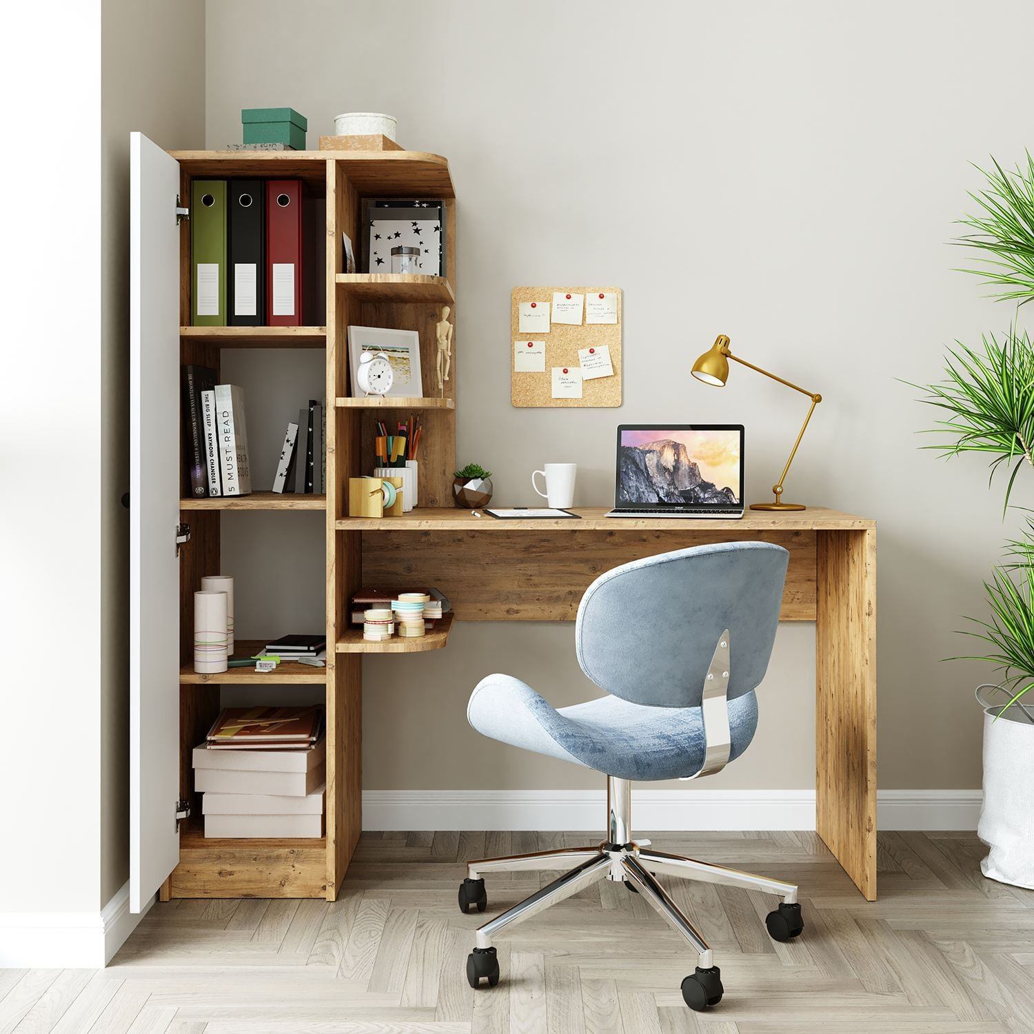 Birou cu biblioteca 2074, 143,2 x 143,2 x 50 cm, pin atlantic alb, PAL melaminat, design modern — imaginea 5