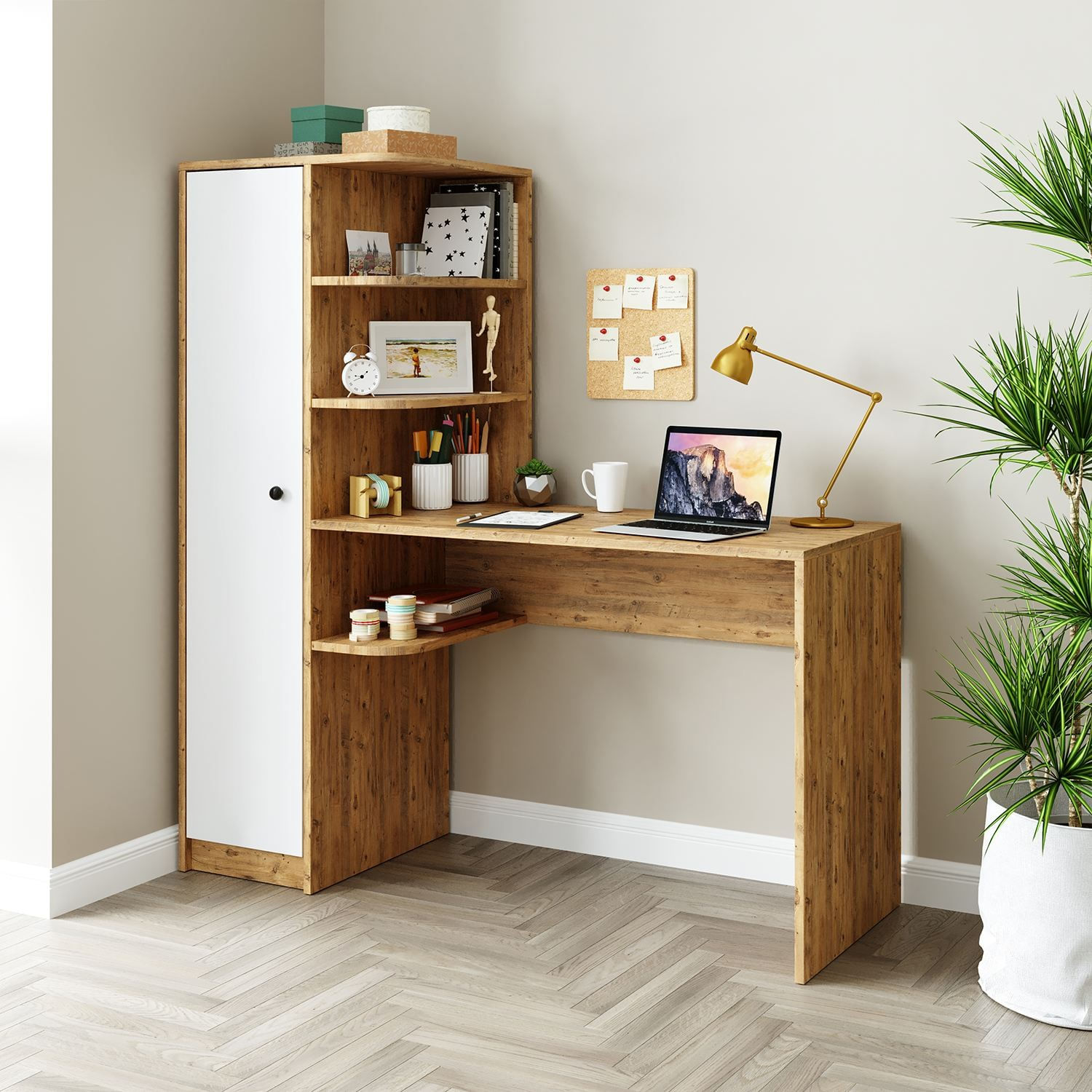 Birou cu biblioteca 2074, 143,2 x 143,2 x 50 cm, pin atlantic alb, PAL melaminat, design modern — imaginea 6