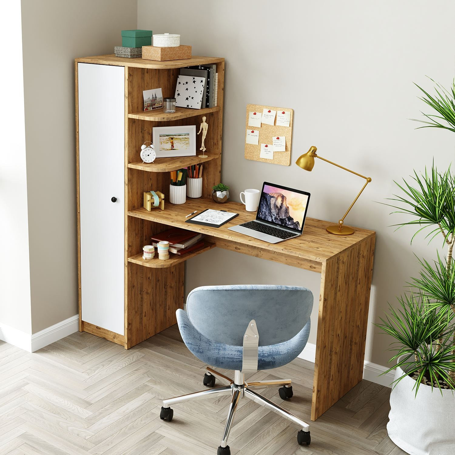Birou cu biblioteca 2074, 143,2 x 143,2 x 50 cm, pin atlantic alb, PAL melaminat, design modern — imaginea 7