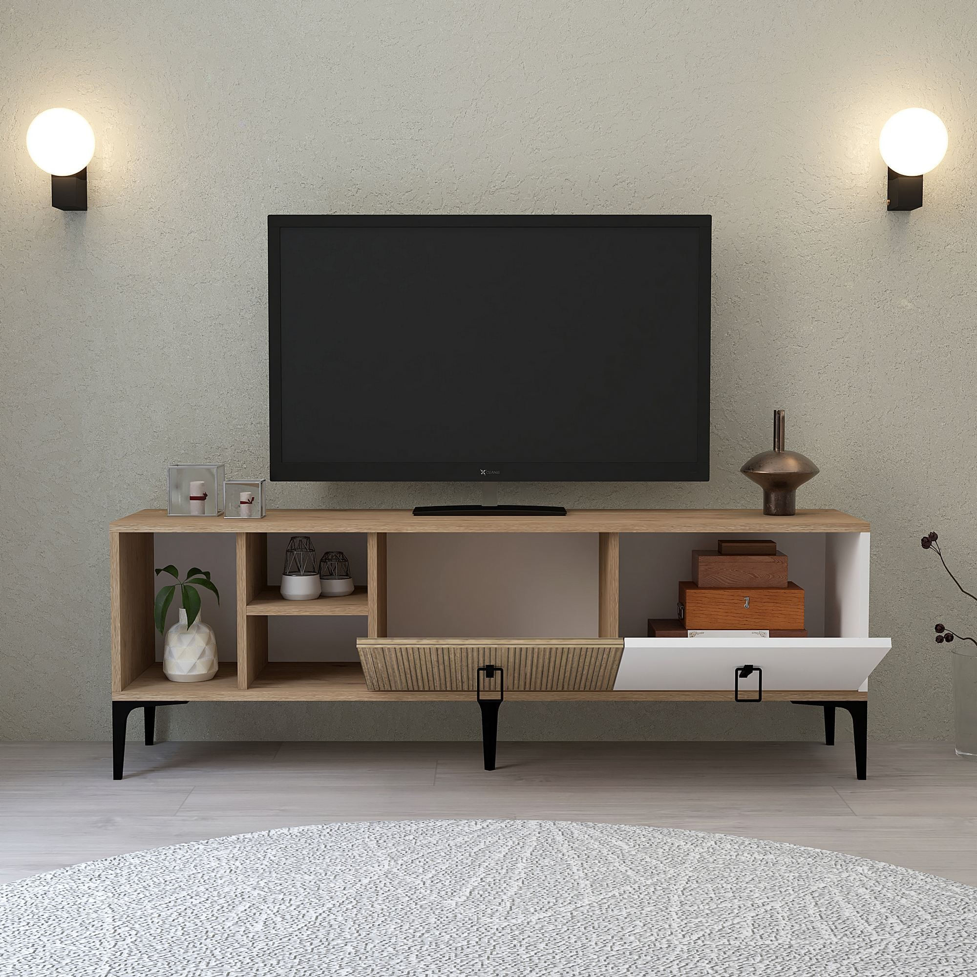 Comoda TV Era 3506, 150 x 50 x 35 cm, stejar alb, PAL melaminat — imaginea 3