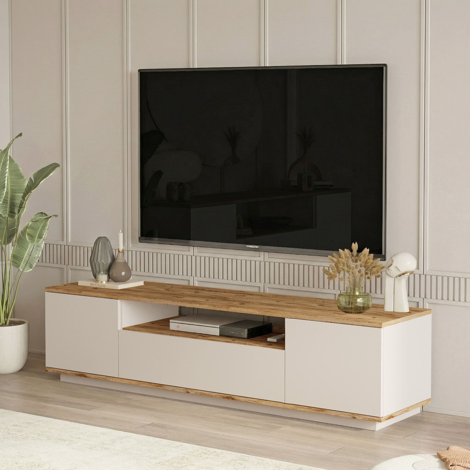 Comoda TV Ave7-Aka, 180 x 44,6 x 44,5 cm, pin atlantic cashmere, PAL melaminat, spatiu de depozitare, fixare pe perete — imaginea 2