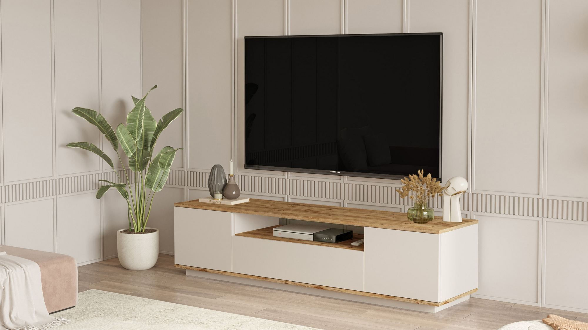Comoda TV Ave7-Aka, 180 x 44,6 x 44,5 cm, pin atlantic cashmere, PAL melaminat, spatiu de depozitare, fixare pe perete — imaginea 5
