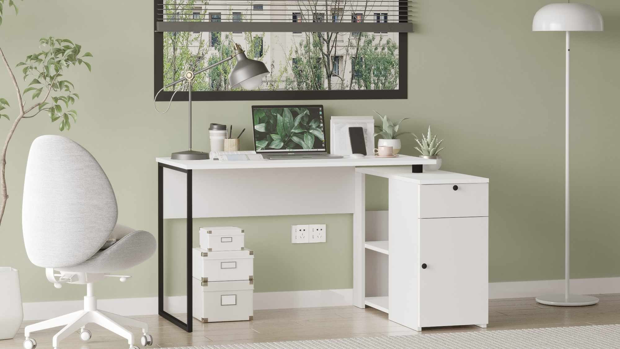 Birou Nor1-W, 129,8 x 70 x 90 cm, alb, PAL melaminat — imaginea 6