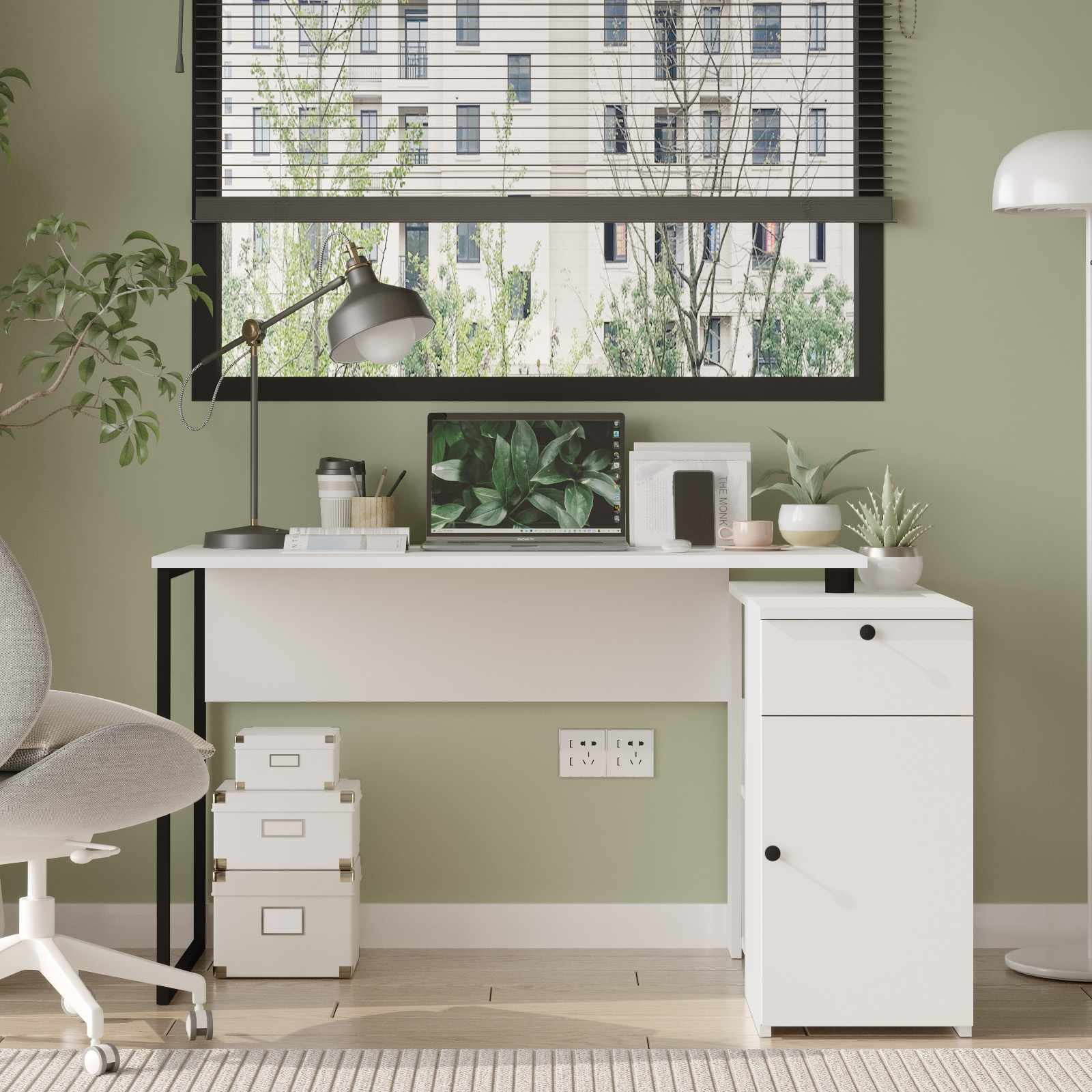 Birou Nor1-W, 129,8 x 70 x 90 cm, alb, PAL melaminat — imaginea 8