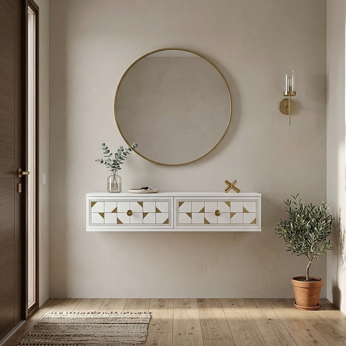 Comoda dormitor Moka 120, 120 x 25, 5 x 29, 6 cm, alb auriu, PAL melaminat, oglinda inclusa, fixare pe perete, alb / gold — imaginea 3