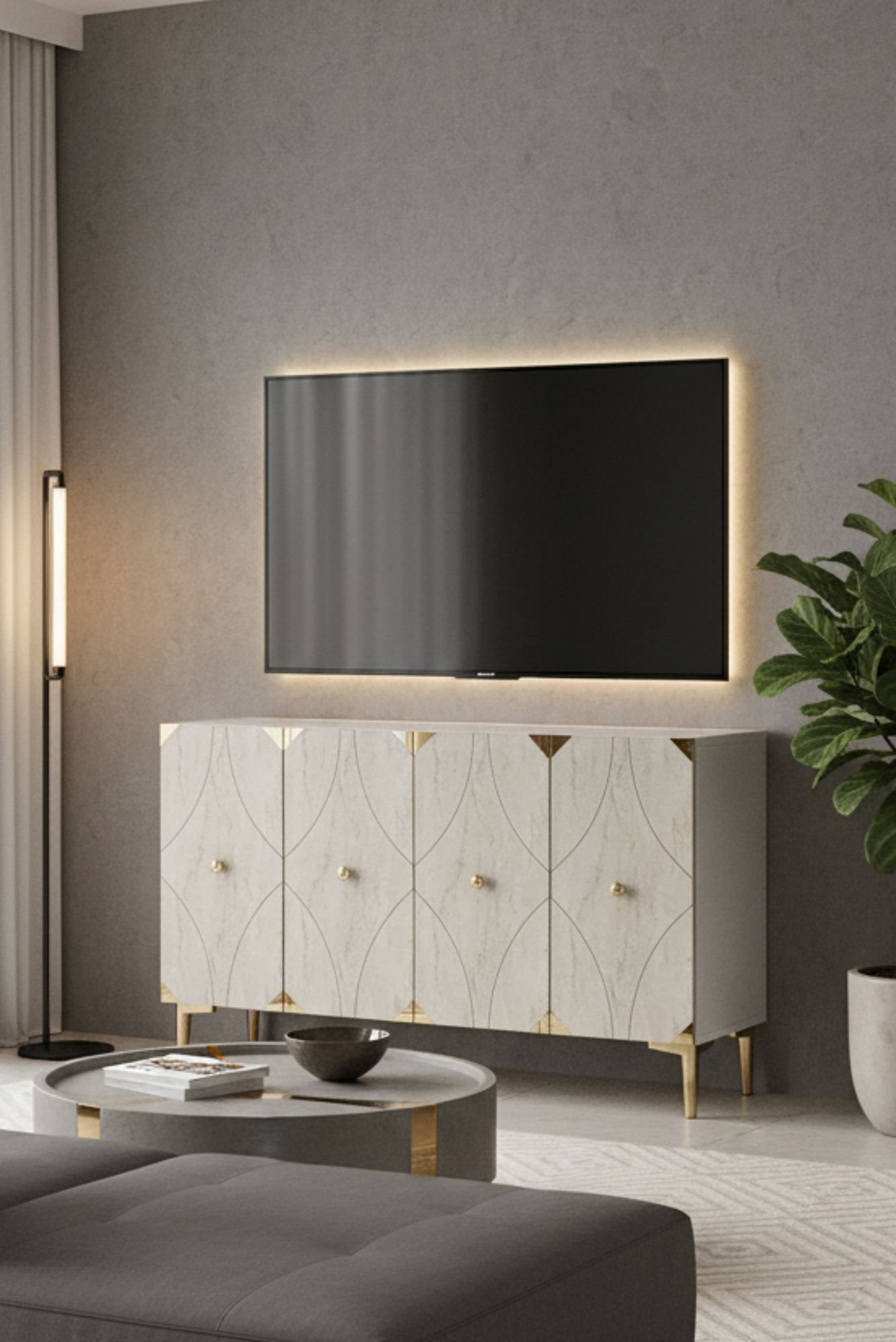 Consola Alfa 120, 120 x 75 x 32 cm, alb travertin auriu, PAL melaminat, spatiu de depozitare, alb / travertin / gold — imaginea 3