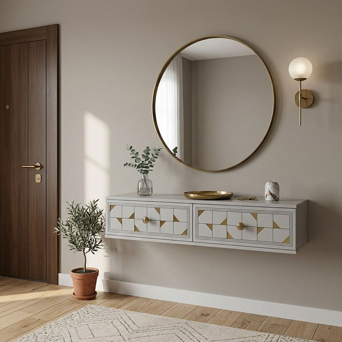 Comoda dormitor Moka 120, 120 x 25, 5 x 29, 6 cm, alb auriu, PAL melaminat, oglinda inclusa, fixare pe perete, alb / gold — imaginea 7