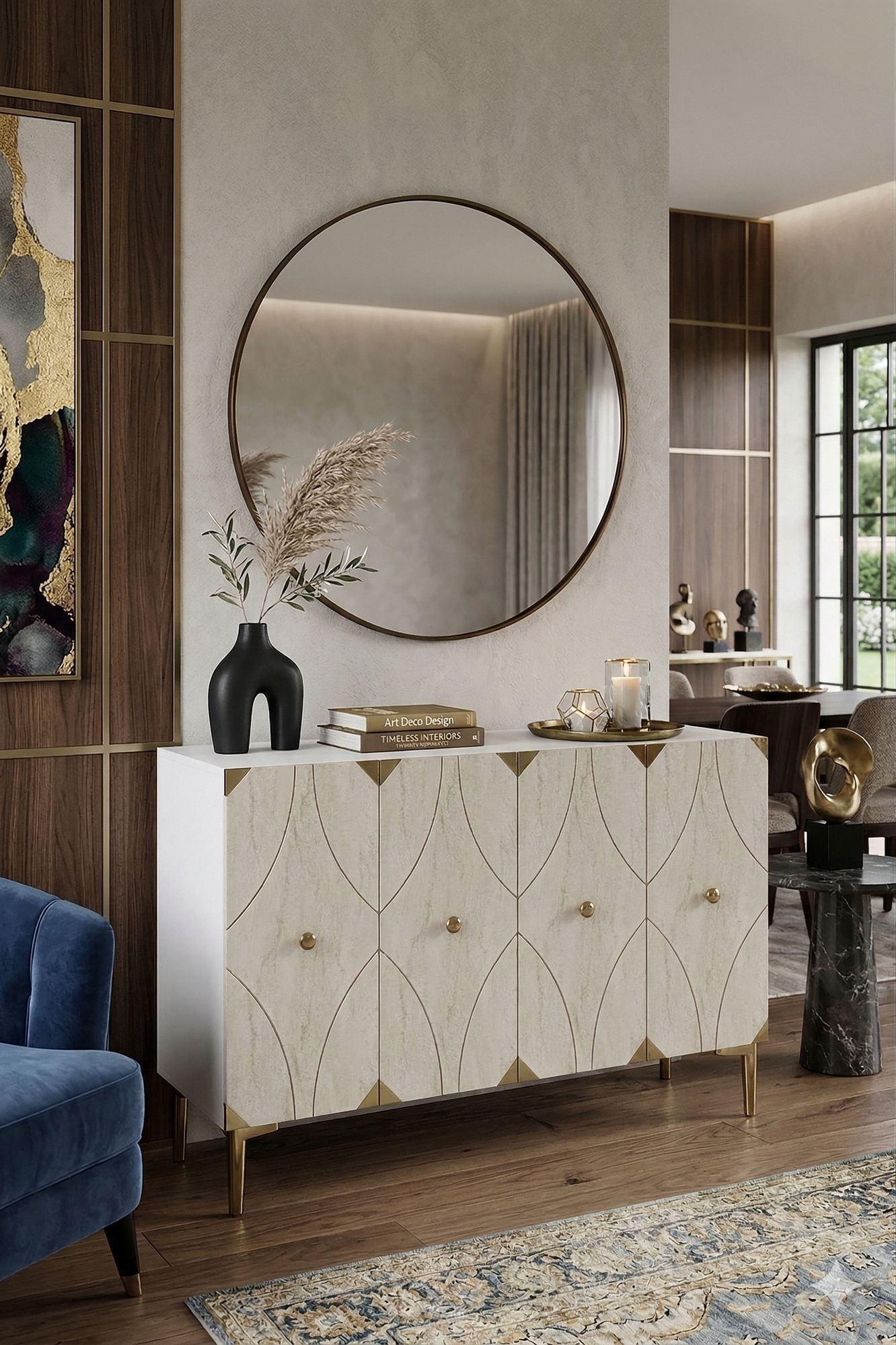 Consola Alfa 120, 120 x 75 x 32 cm, alb travertin auriu, PAL melaminat, spatiu de depozitare, alb / travertin / gold — imaginea 5