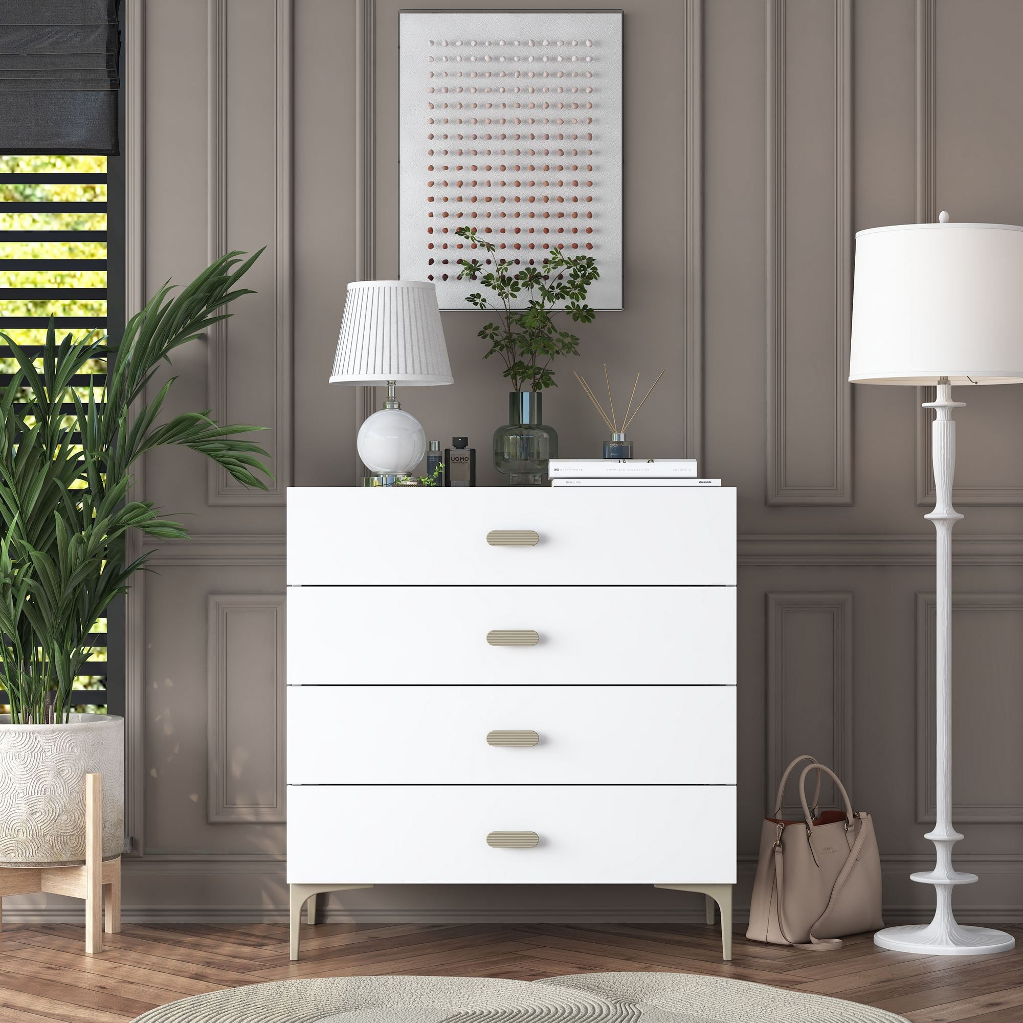 Comoda dormitor BE116, 85,6 x 90,7 x 45 cm, alb, PAL, spatiu de depozitare, fixare pe perete — imaginea 6
