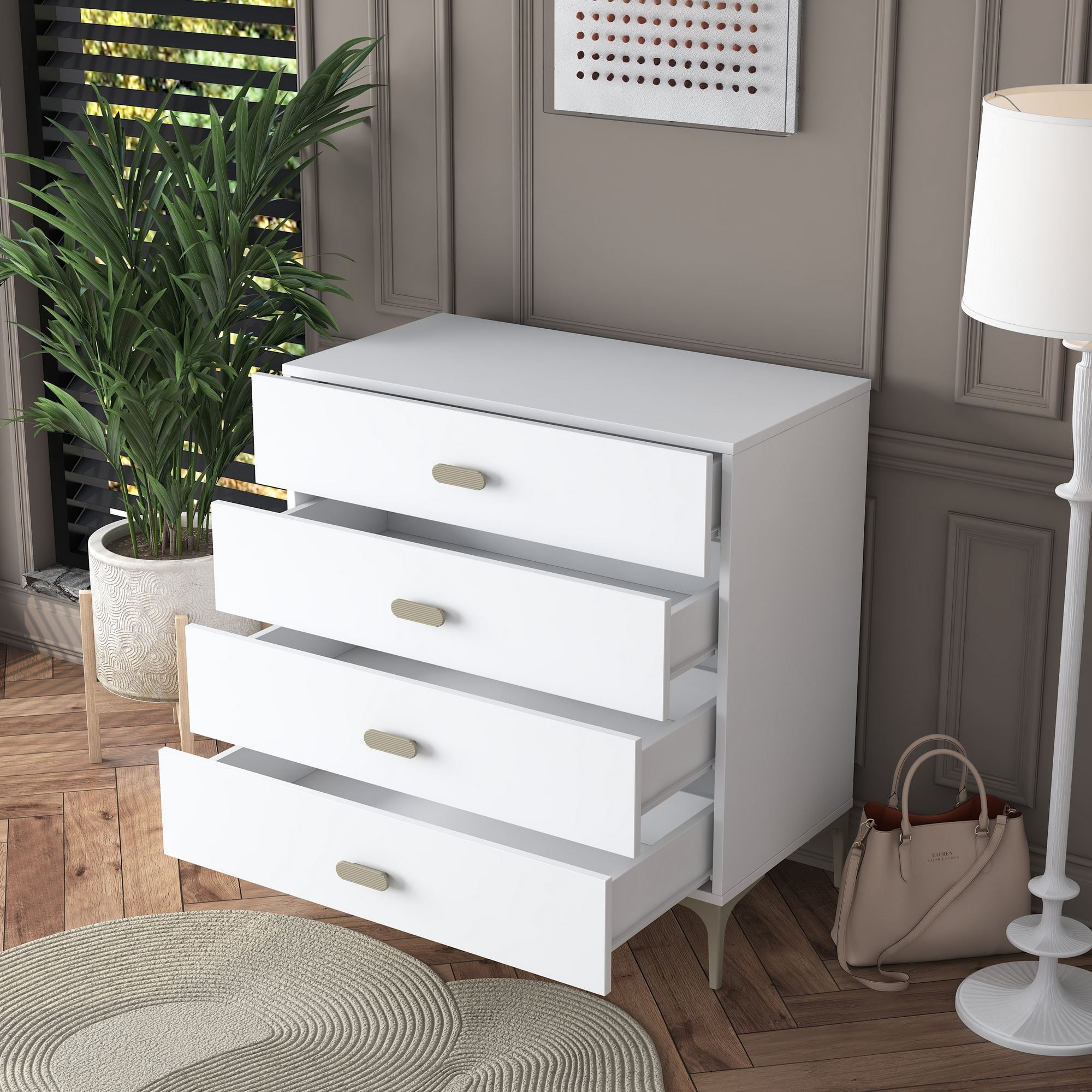 Comoda dormitor BE116, 85,6 x 90,7 x 45 cm, alb, PAL, spatiu de depozitare, fixare pe perete — imaginea 7