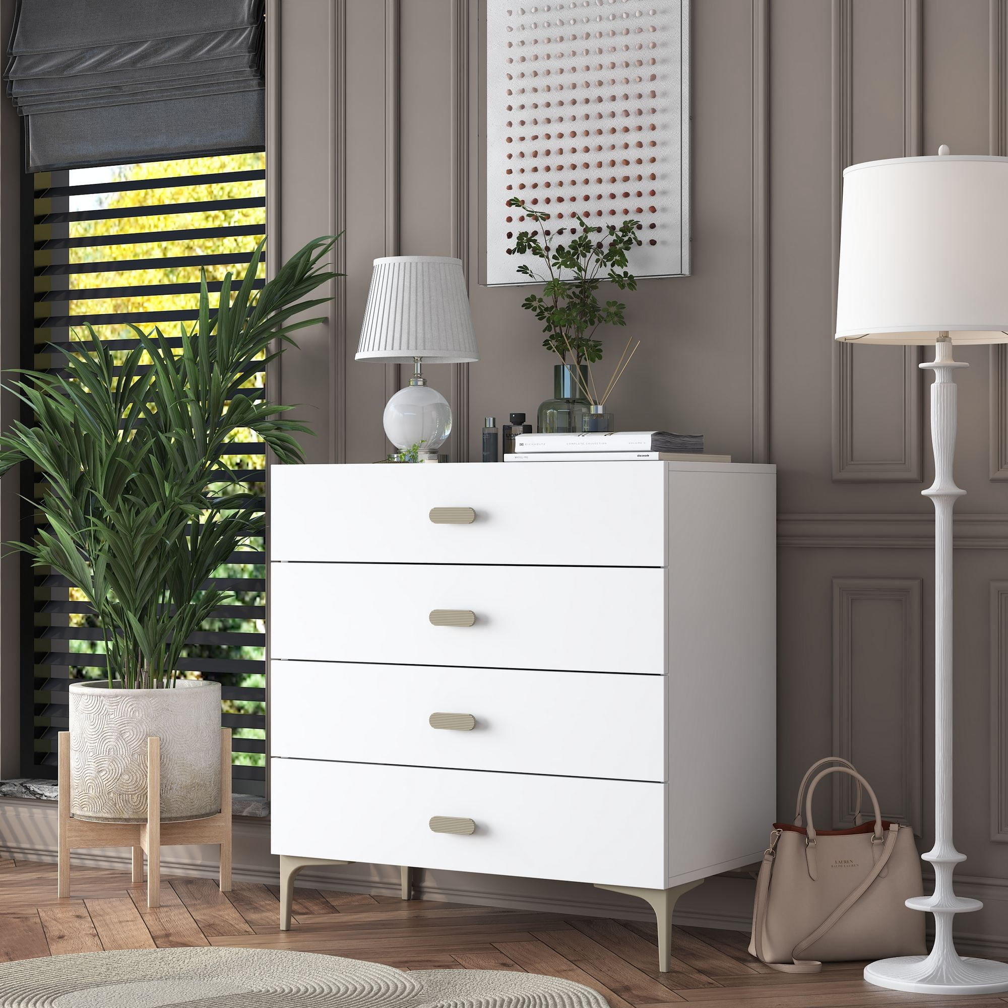 Comoda dormitor BE116, 85,6 x 90,7 x 45 cm, alb, PAL, spatiu de depozitare, fixare pe perete — imaginea 8