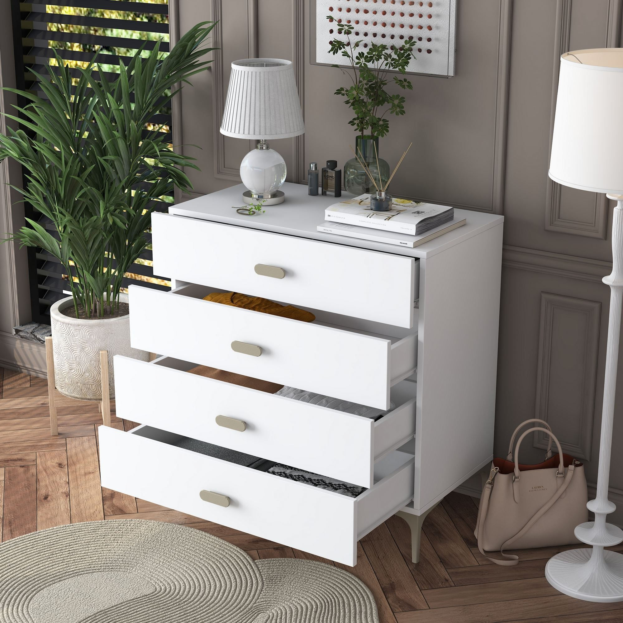 Comoda dormitor BE116, 85,6 x 90,7 x 45 cm, alb, PAL, spatiu de depozitare, fixare pe perete — imaginea 9
