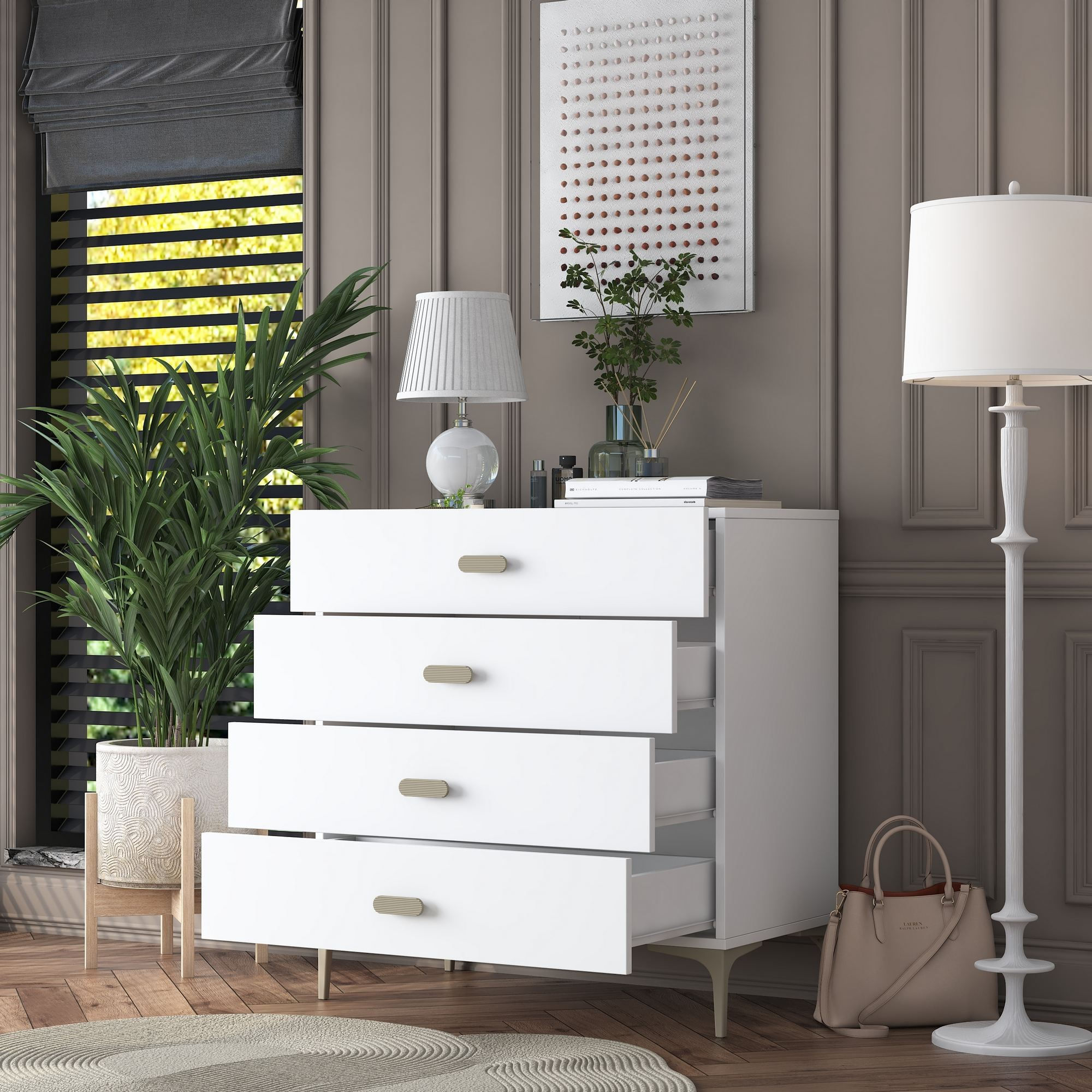 Comoda dormitor BE116, 85,6 x 90,7 x 45 cm, alb, PAL, spatiu de depozitare, fixare pe perete — imaginea 11