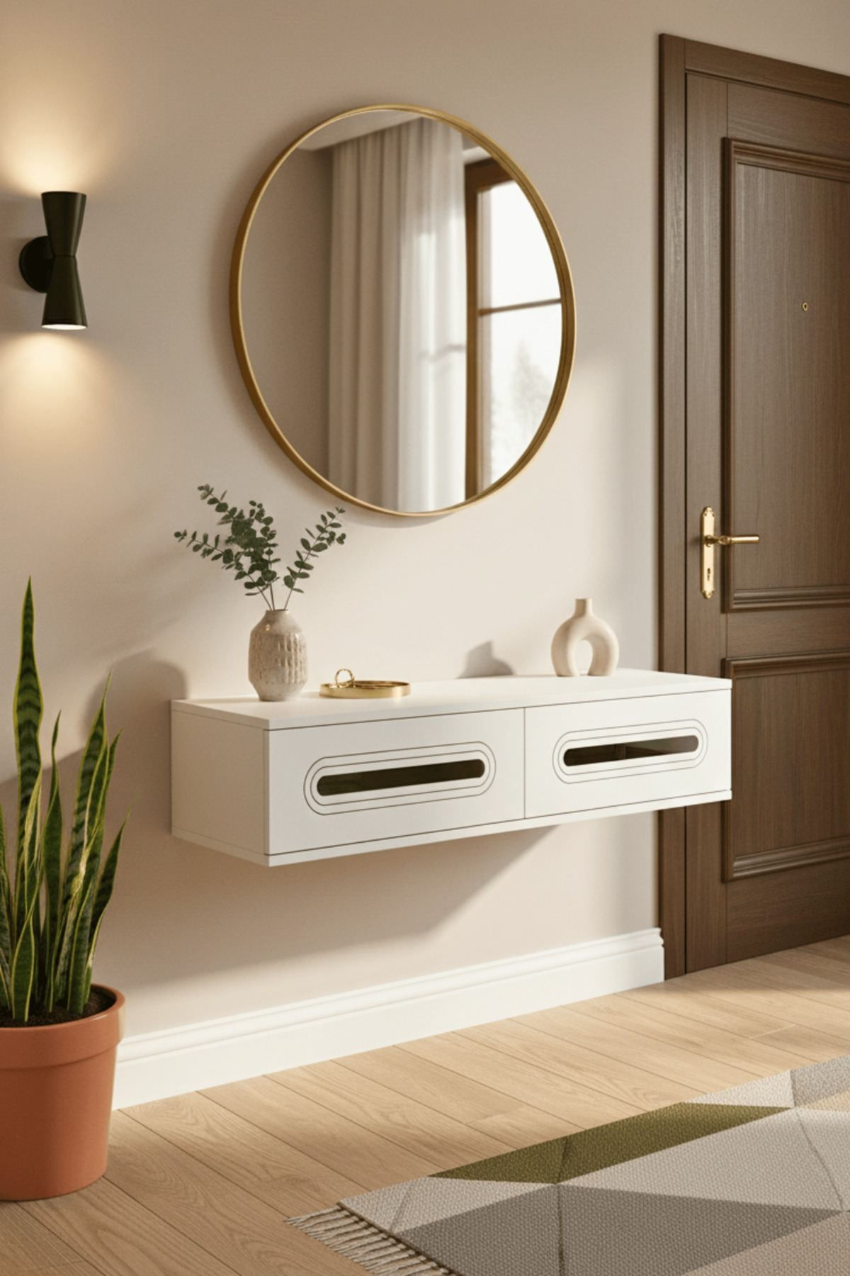 Comoda dormitor Rany 120, 120 x 25, 5 x 29, 6 cm, alb argintiu, PAL melaminat, oglinda inclusa, fixare pe perete, alb / silver — imaginea 5