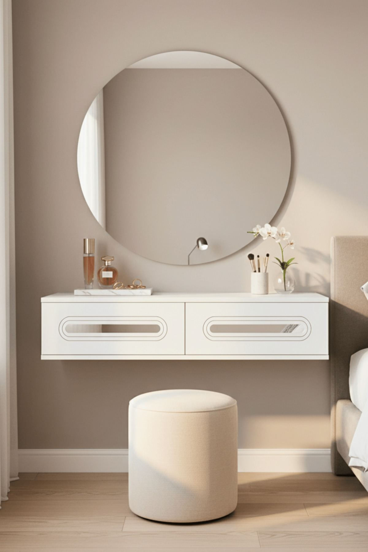 Comoda dormitor Rany 120, 120 x 25, 5 x 29, 6 cm, alb argintiu, PAL melaminat, oglinda inclusa, fixare pe perete, alb / silver — imaginea 7