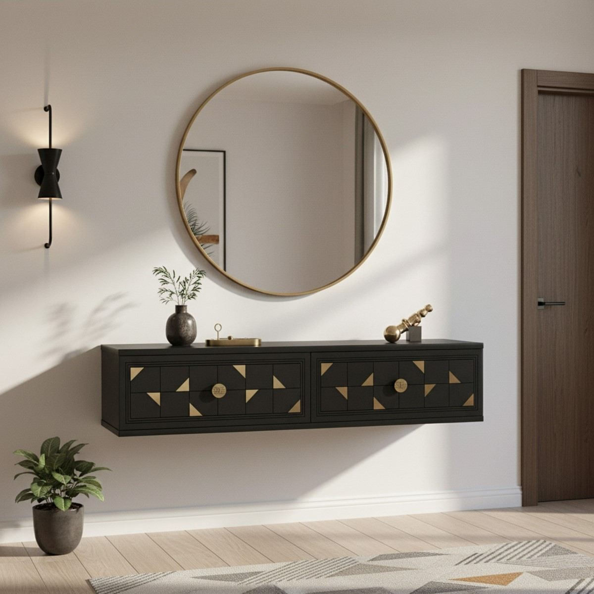 Comoda dormitor Moka 120, 120 x 25, 5 x 29, 6 cm, antracit auriu, PAL melaminat, oglinda inclusa, fixare pe perete, antracit / gold — imaginea 3