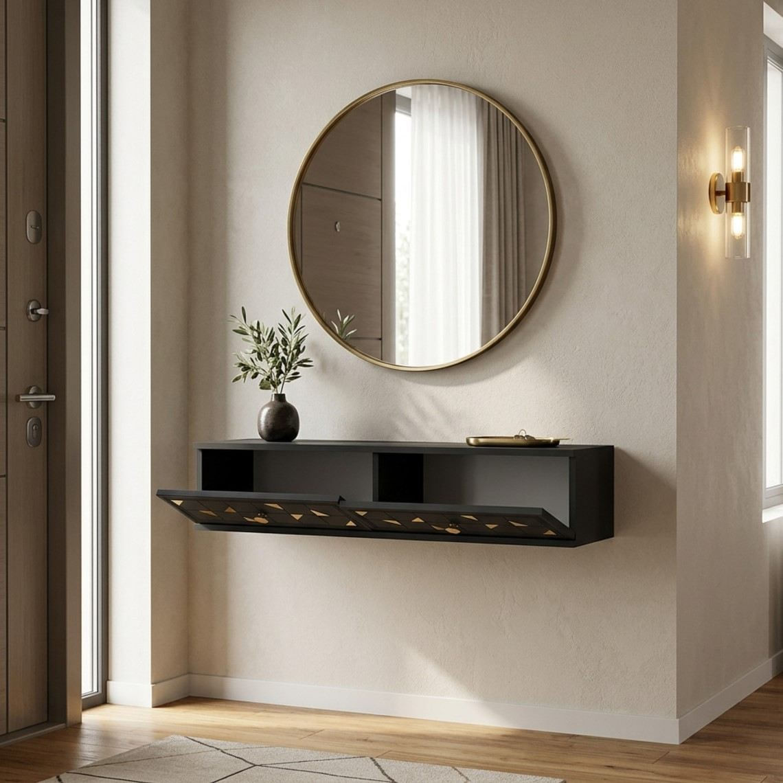 Comoda dormitor Moka 120, 120 x 25, 5 x 29, 6 cm, antracit auriu, PAL melaminat, oglinda inclusa, fixare pe perete, antracit / gold — imaginea 4