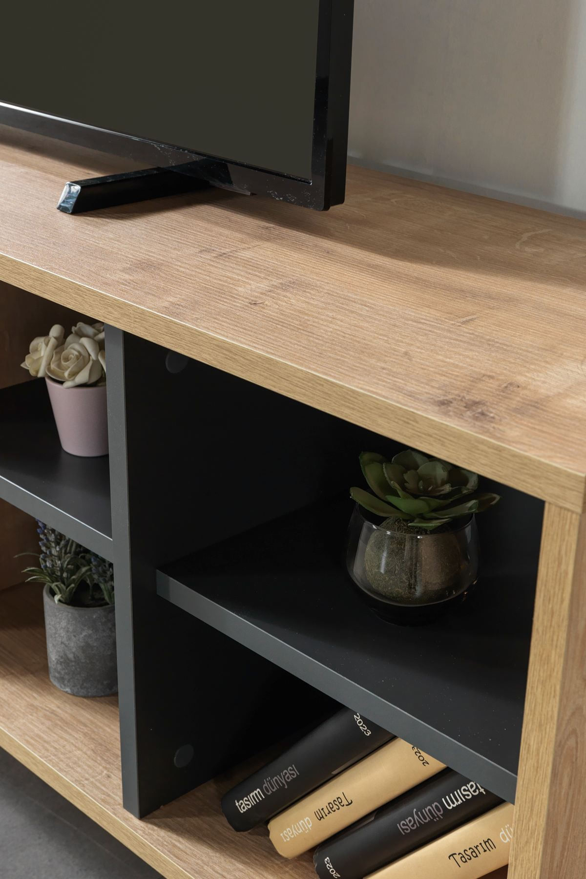 Comoda TV Şile 3609, 160 x 60 x 35 cm, stejar safir antracit, PAL melaminat — imaginea 4
