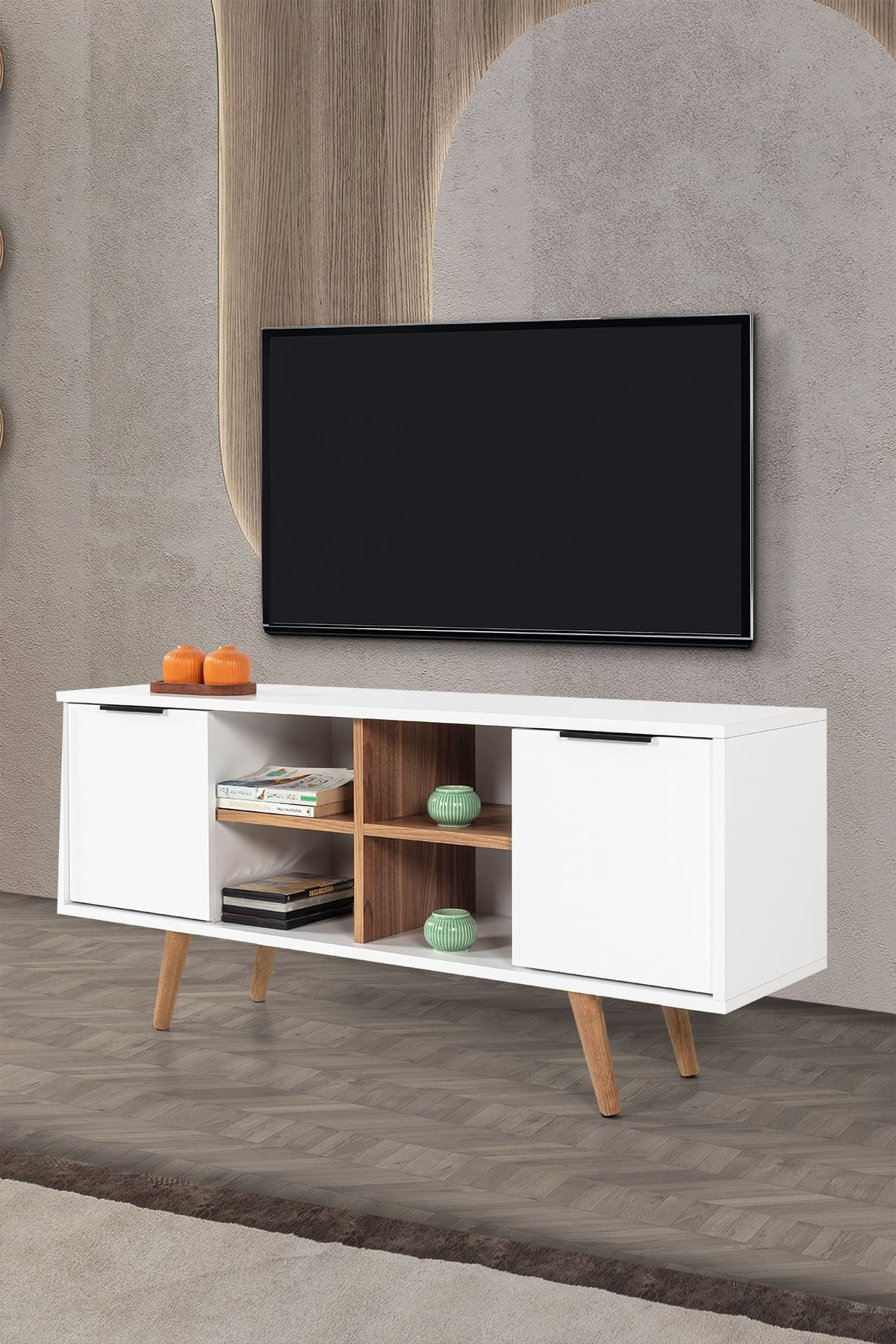 Comoda TV Sina 3318, 130 x 59 x 35 cm, alb nuc, PAL melaminat — imaginea 3
