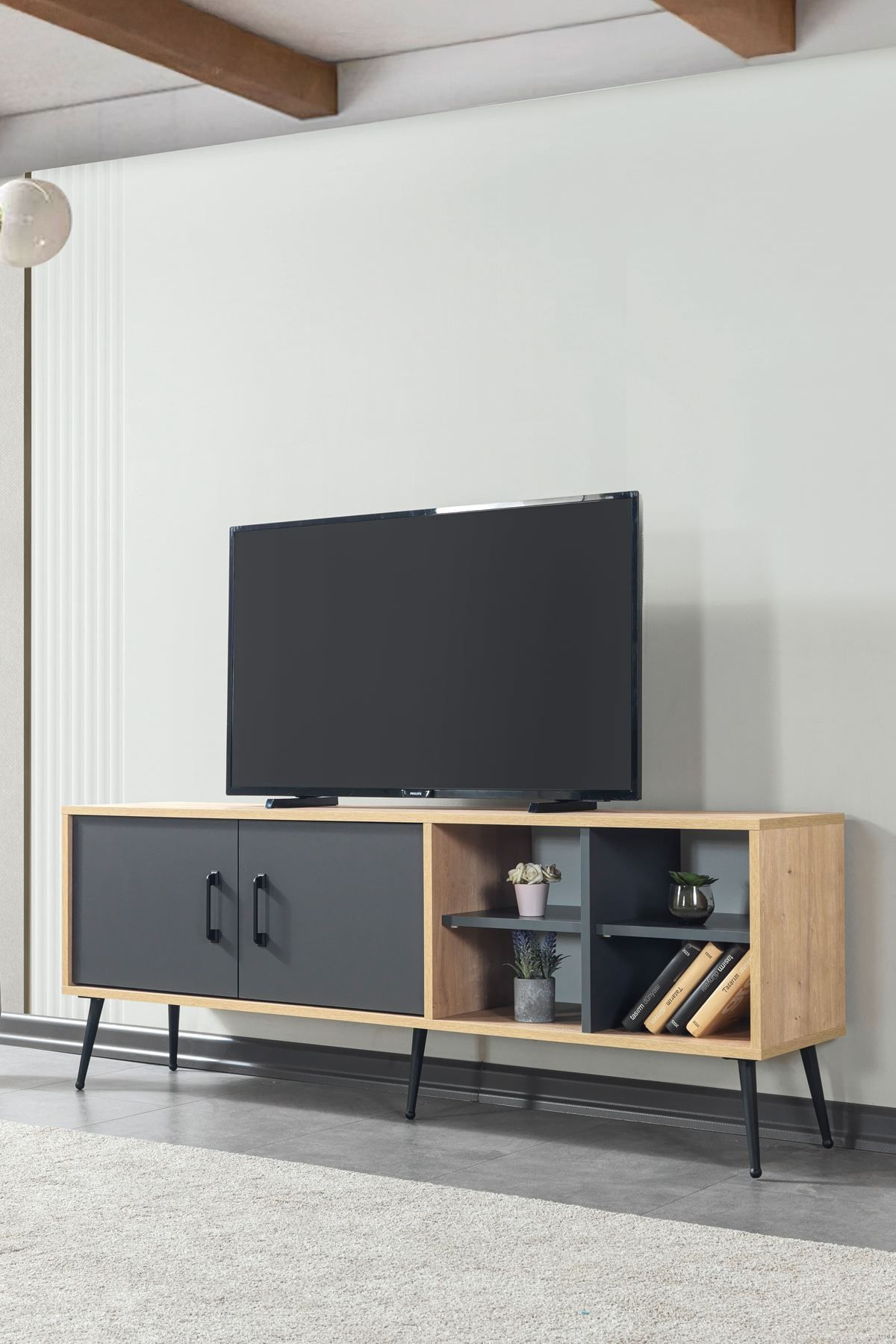 Comoda TV Şile 3609, 160 x 60 x 35 cm, stejar safir antracit, PAL melaminat — imaginea 6