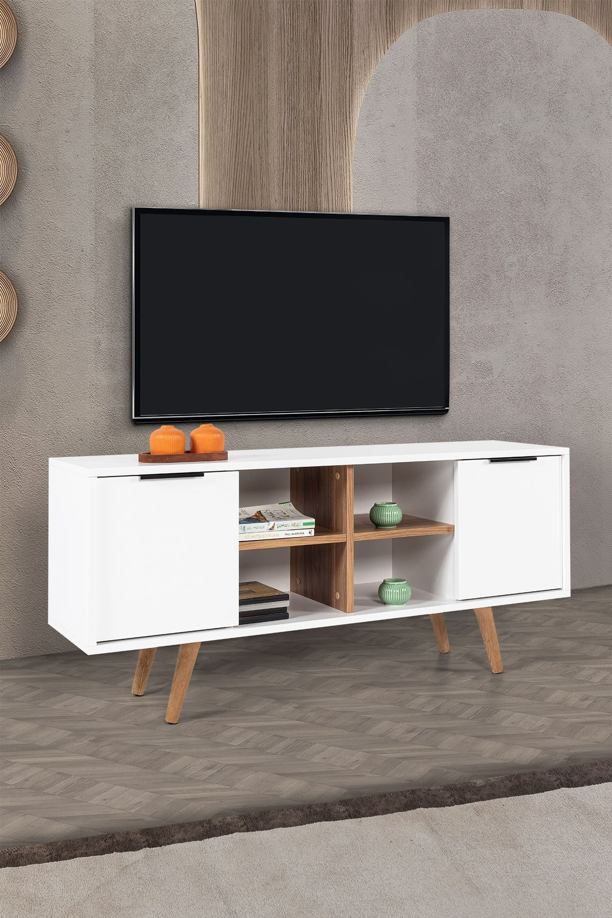 Comoda TV Sina 3318, 130 x 59 x 35 cm, alb nuc, PAL melaminat — imaginea 4