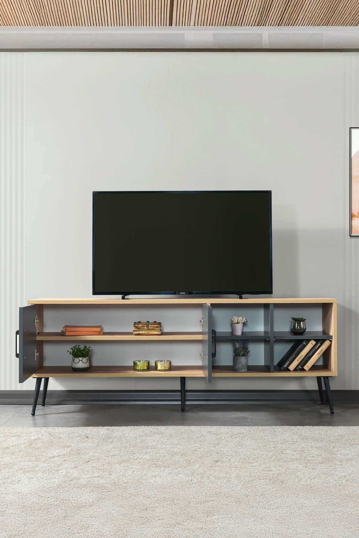 Comoda TV Şile 3609, 160 x 60 x 35 cm, stejar safir antracit, PAL melaminat — imaginea 8