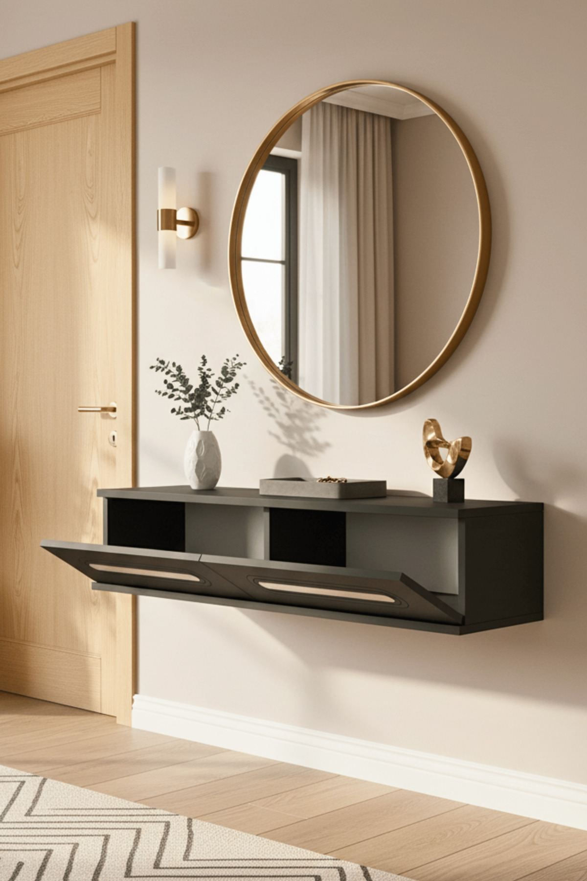 Comoda dormitor Rany 120, 120 x 25, 5 x 29, 6 cm, antracit argintiu, PAL melaminat, oglinda inclusa, fixare pe perete, antracit / silver — imaginea 6