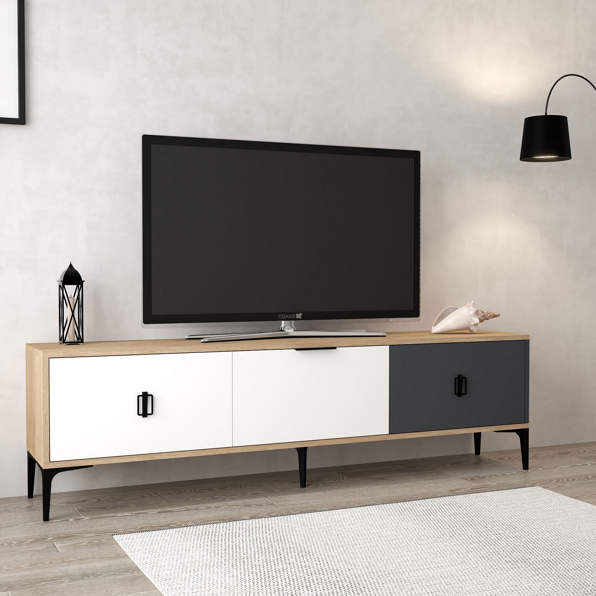 Comoda TV Neva 3801, 180 x 50 x 35 cm, stejar alb antracit, PAL melaminat — imaginea 3