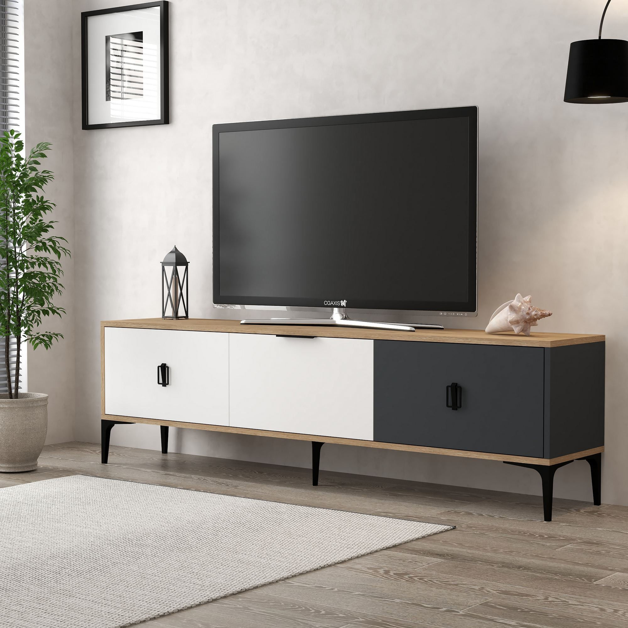 Comoda TV Neva 3801, 180 x 50 x 35 cm, stejar alb antracit, PAL melaminat — imaginea 4