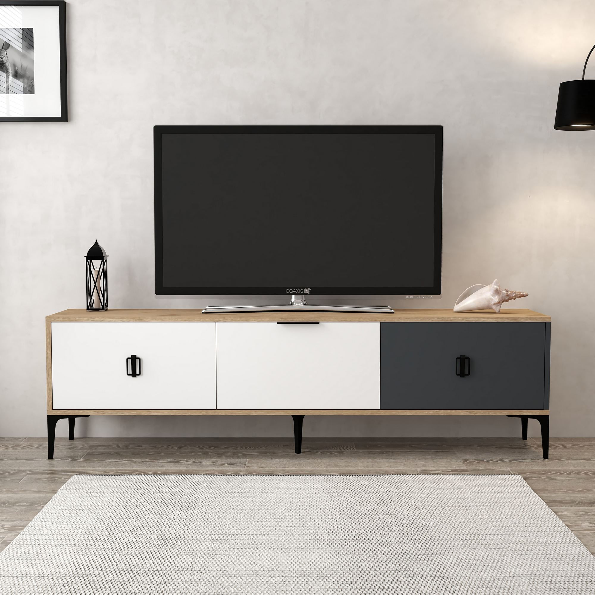 Comoda TV Neva 3801, 180 x 50 x 35 cm, stejar alb antracit, PAL melaminat — imaginea 5