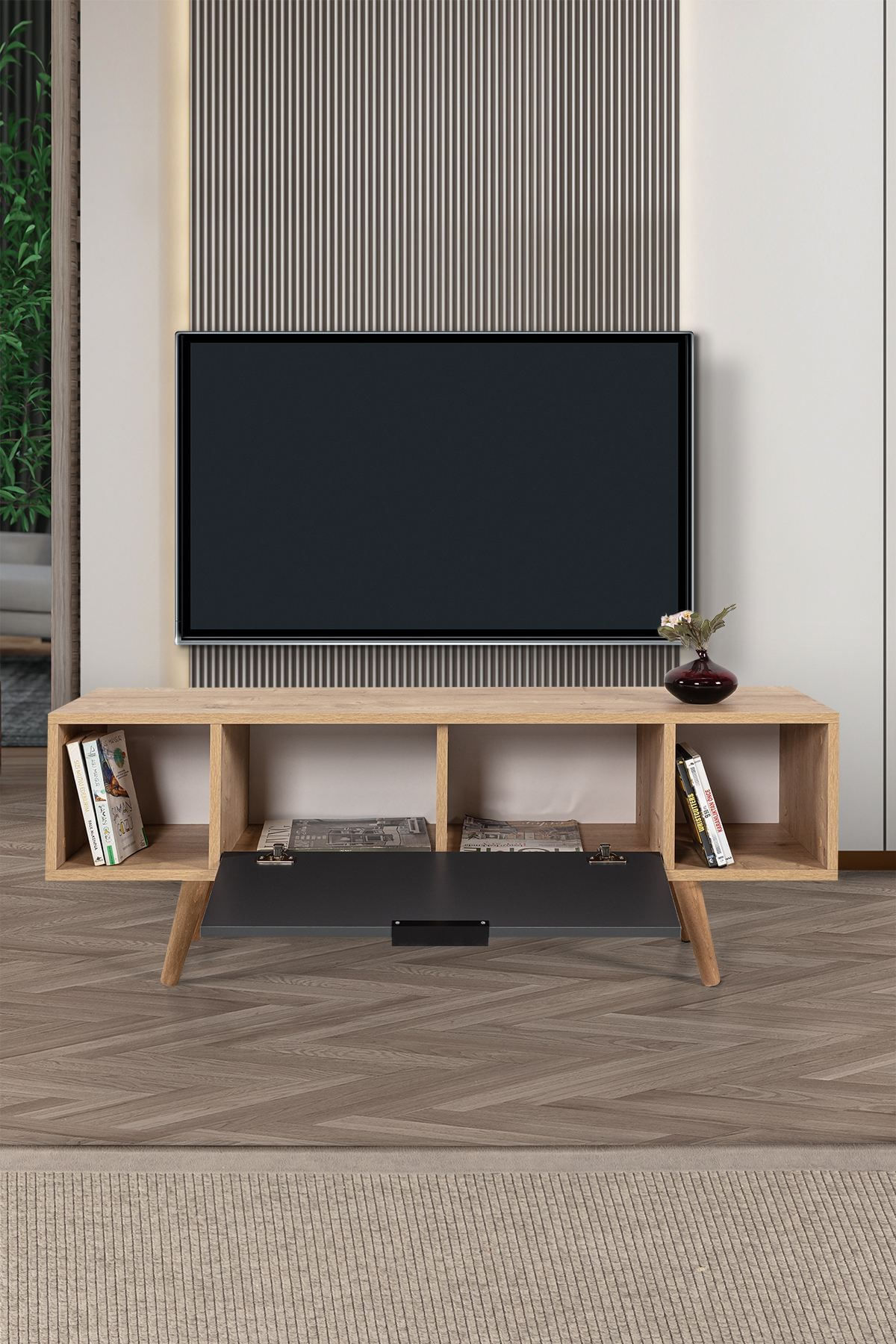 Comoda TV Mesir 3324, 130 x 47 x 35 cm, stejar safir antracit, PAL melaminat — imaginea 3