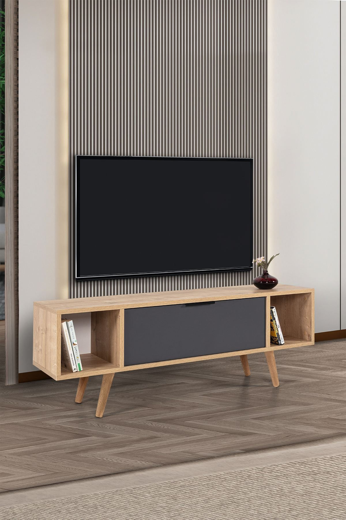 Comoda TV Mesir 3324, 130 x 47 x 35 cm, stejar safir antracit, PAL melaminat — imaginea 5