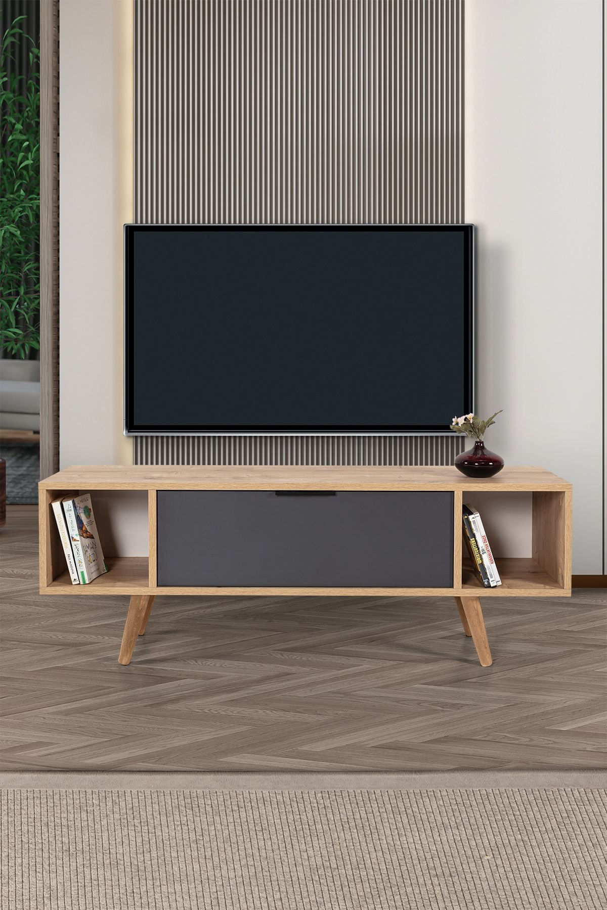 Comoda TV Mesir 3324, 130 x 47 x 35 cm, stejar safir antracit, PAL melaminat — imaginea 6