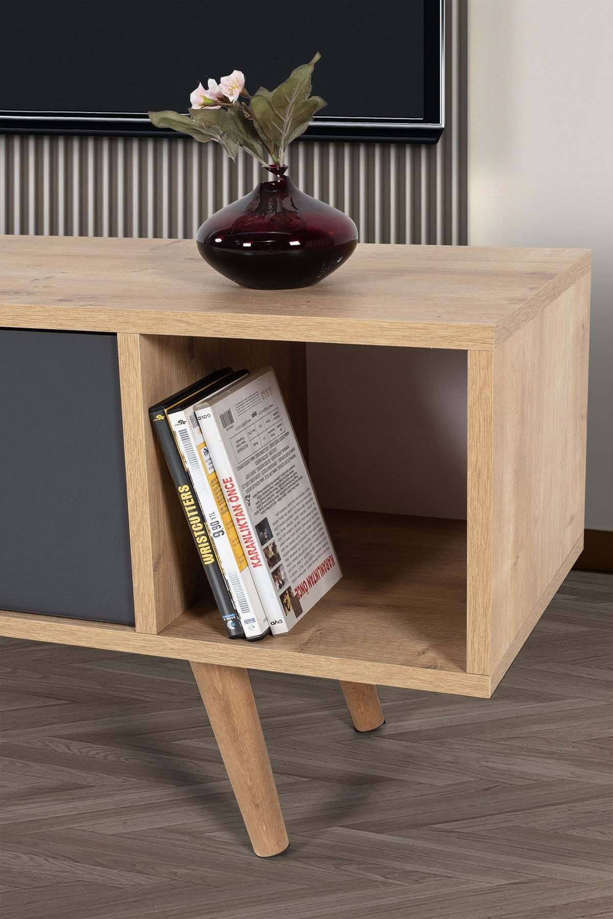 Comoda TV Mesir 3324, 130 x 47 x 35 cm, stejar safir antracit, PAL melaminat — imaginea 7
