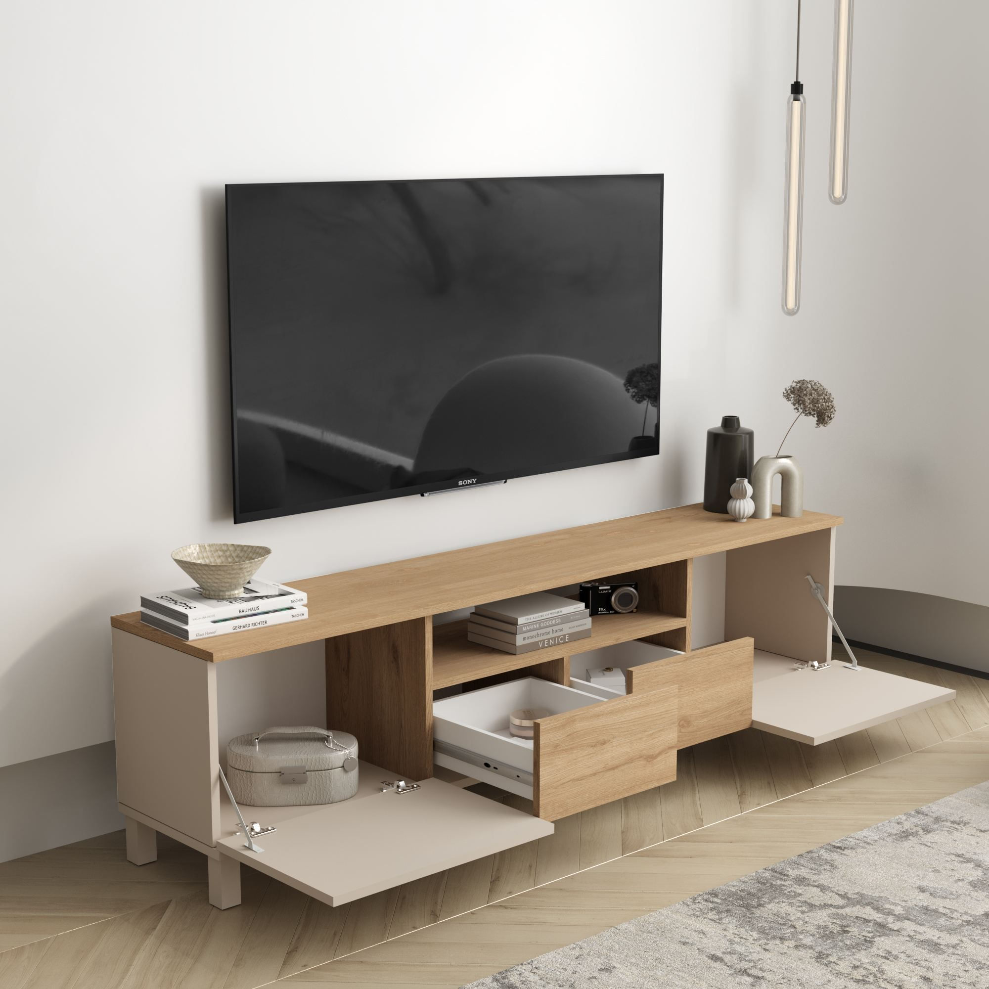 Comoda TV Mood - MD1-CS, 180 x 49,2 x 35 cm, sand stejar, PAL melaminat — imaginea 2