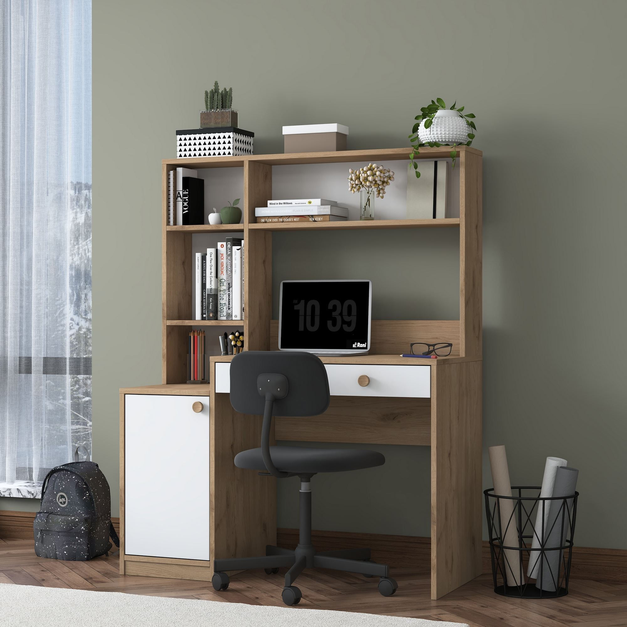 Birou cu biblioteca HA126 - 4117, 115 x 146 x 50 cm, nuc alb, PAL, design modern — imaginea 3