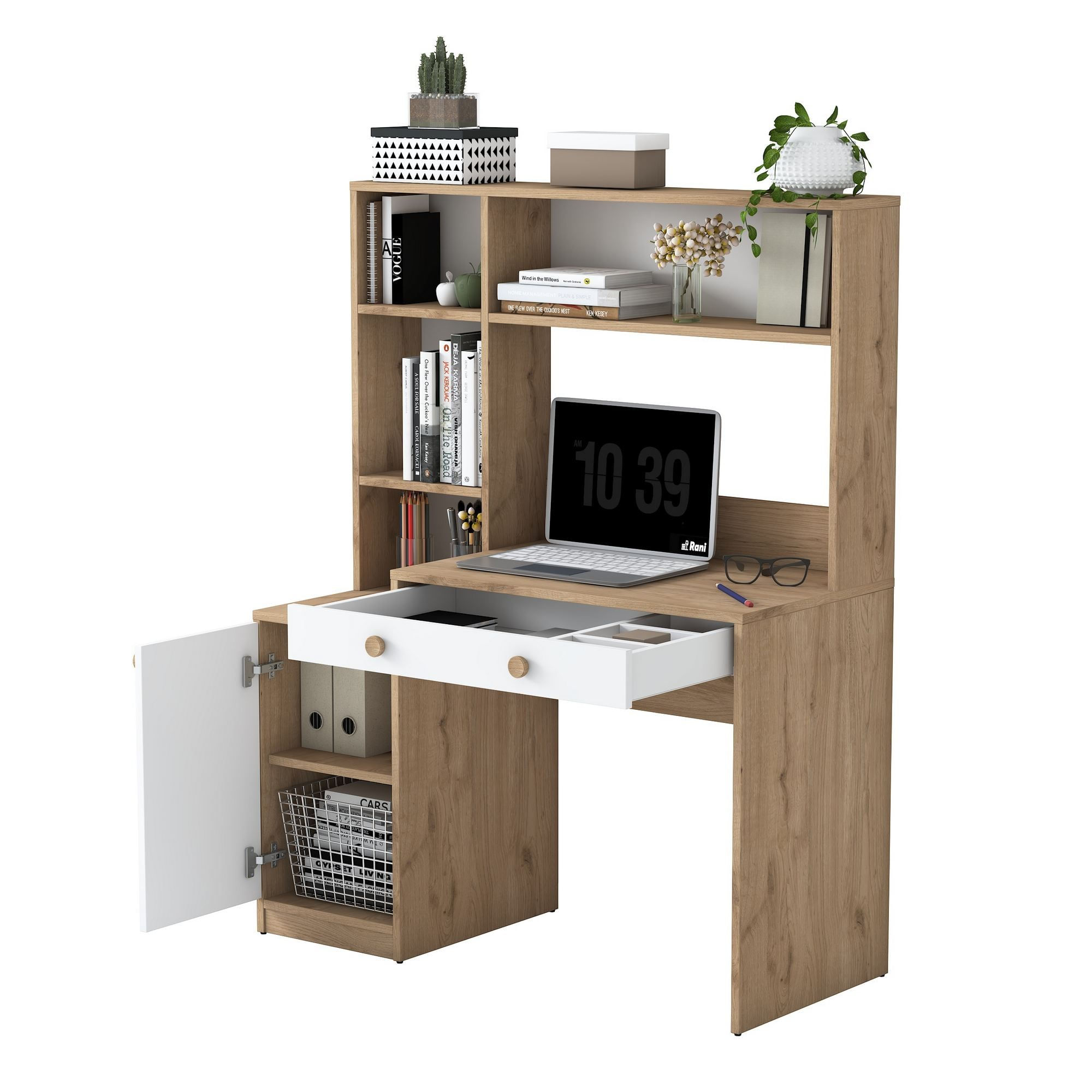 Birou cu biblioteca HA126 - 4117, 115 x 146 x 50 cm, nuc alb, PAL, design modern — imaginea 5