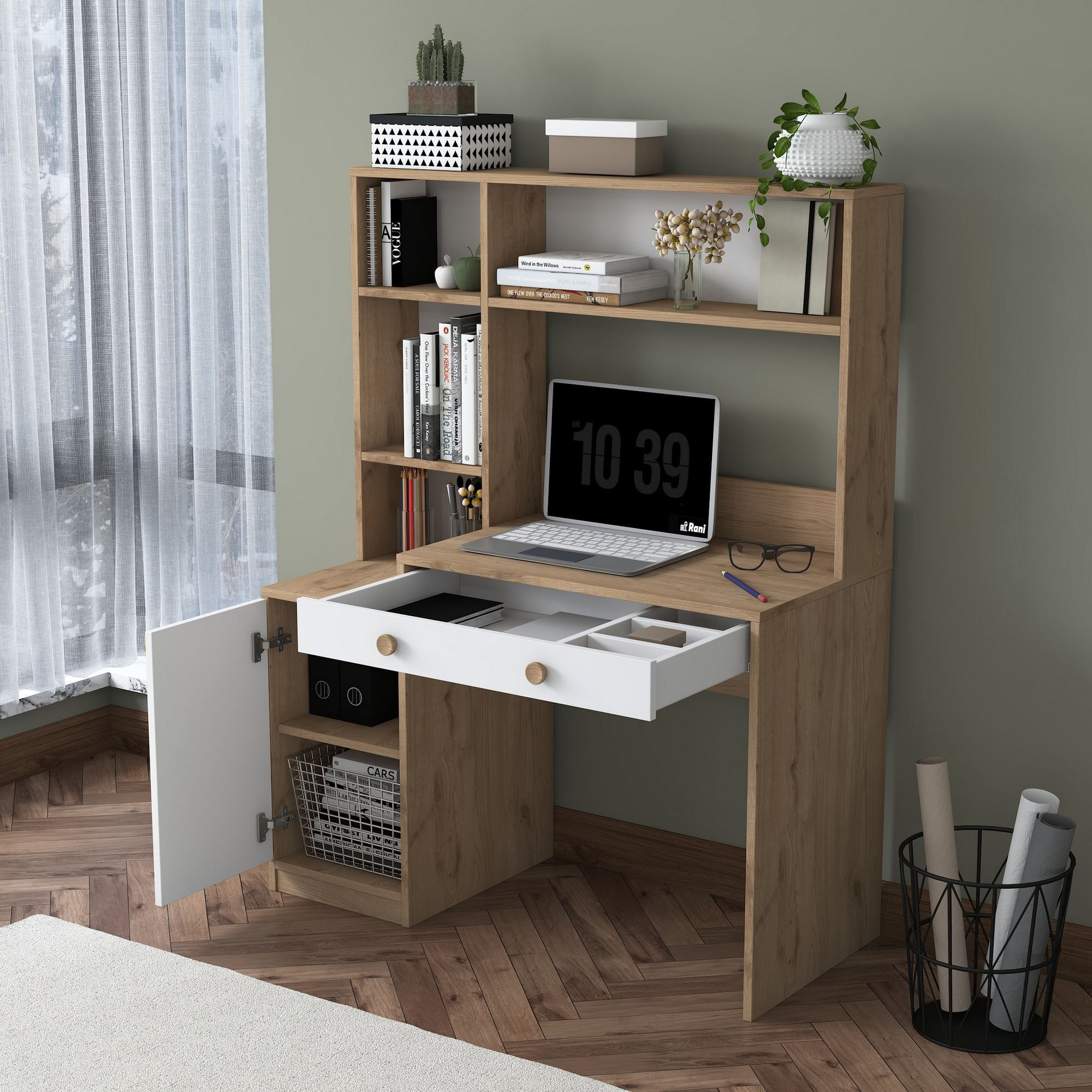 Birou cu biblioteca HA126 - 4117, 115 x 146 x 50 cm, nuc alb, PAL, design modern — imaginea 6