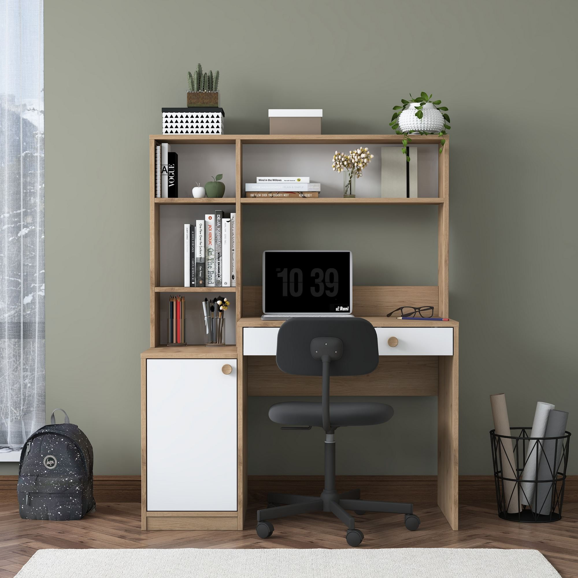 Birou cu biblioteca HA126 - 4117, 115 x 146 x 50 cm, nuc alb, PAL, design modern — imaginea 7