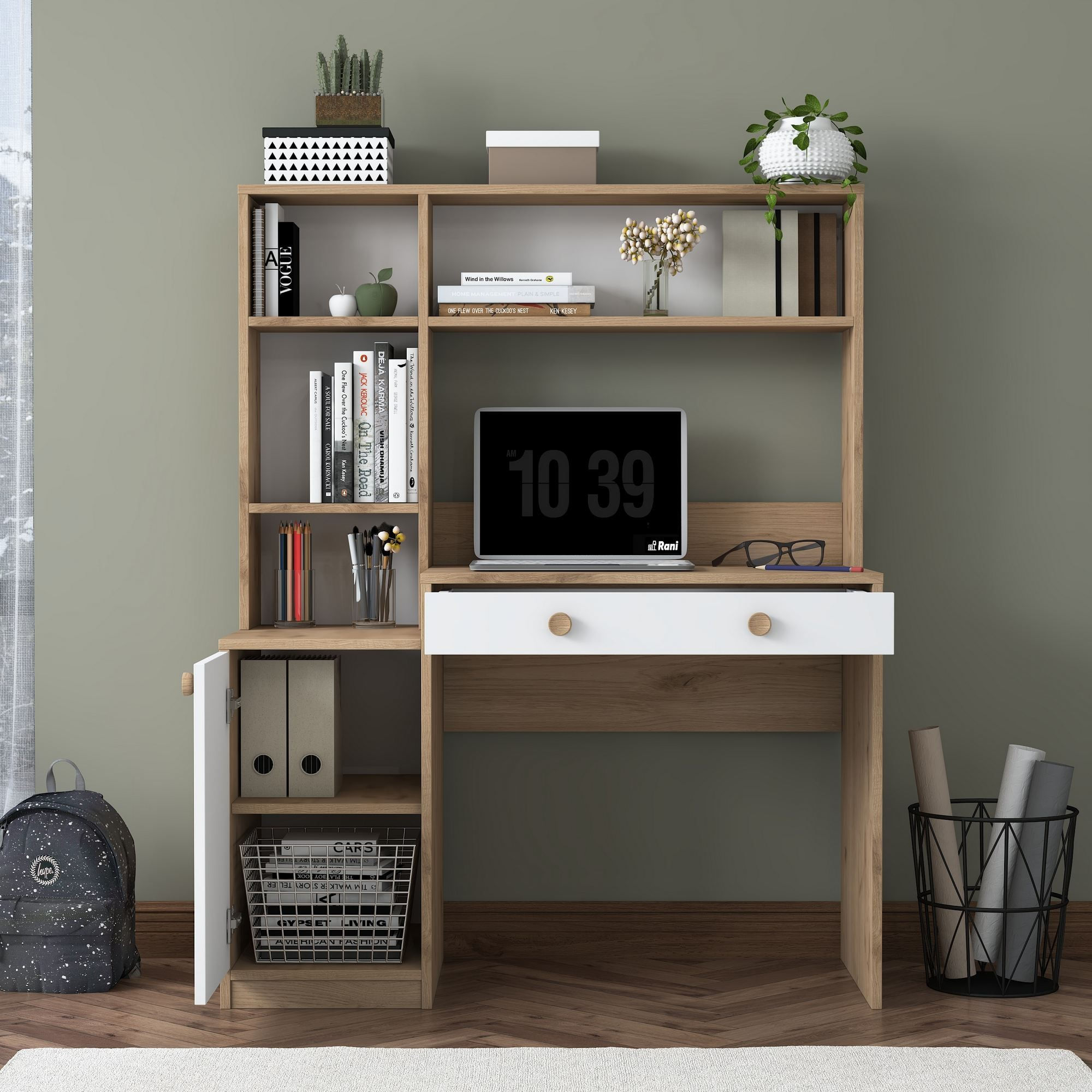 Birou cu biblioteca HA126 - 4117, 115 x 146 x 50 cm, nuc alb, PAL, design modern — imaginea 8