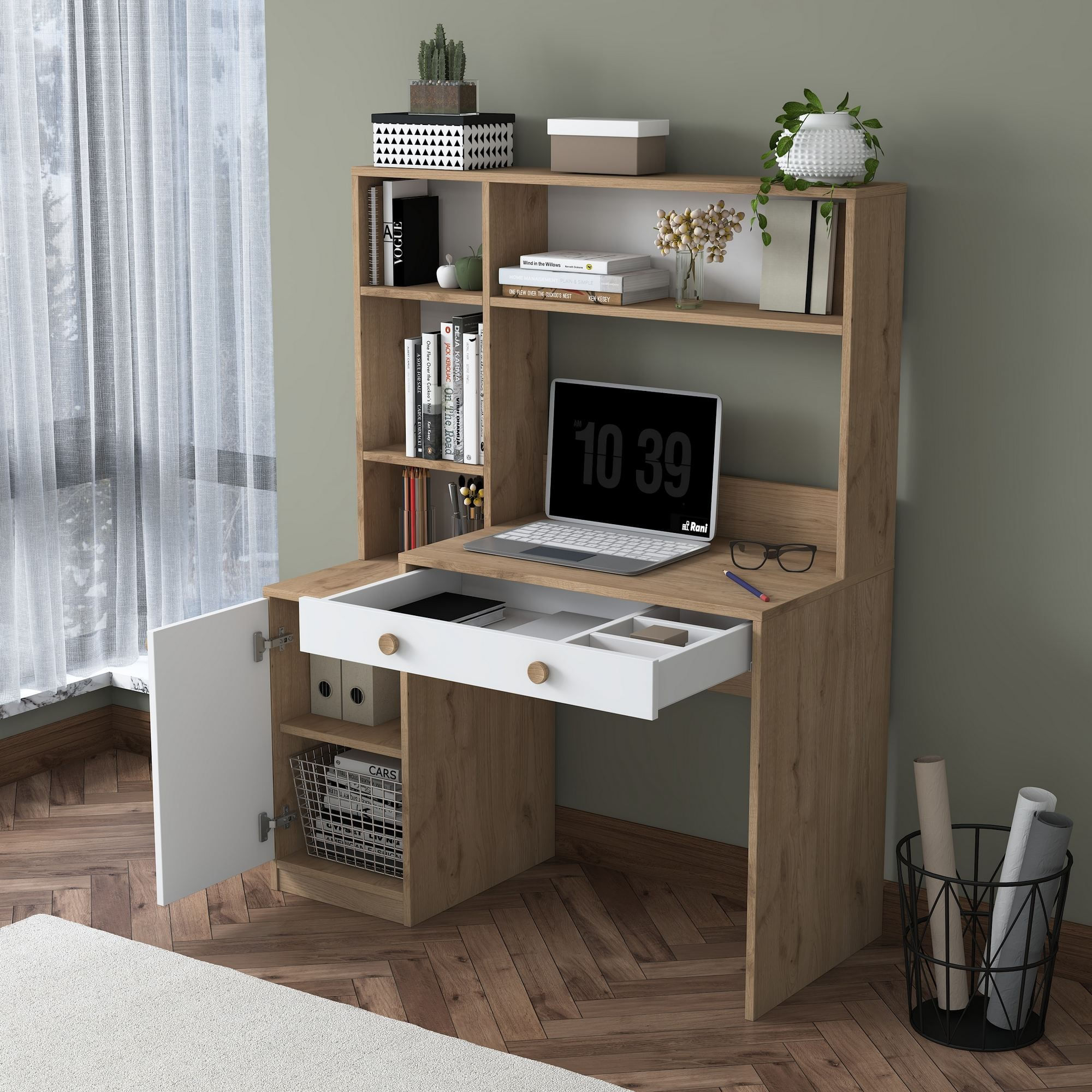 Birou cu biblioteca HA126 - 4117, 115 x 146 x 50 cm, nuc alb, PAL, design modern — imaginea 9