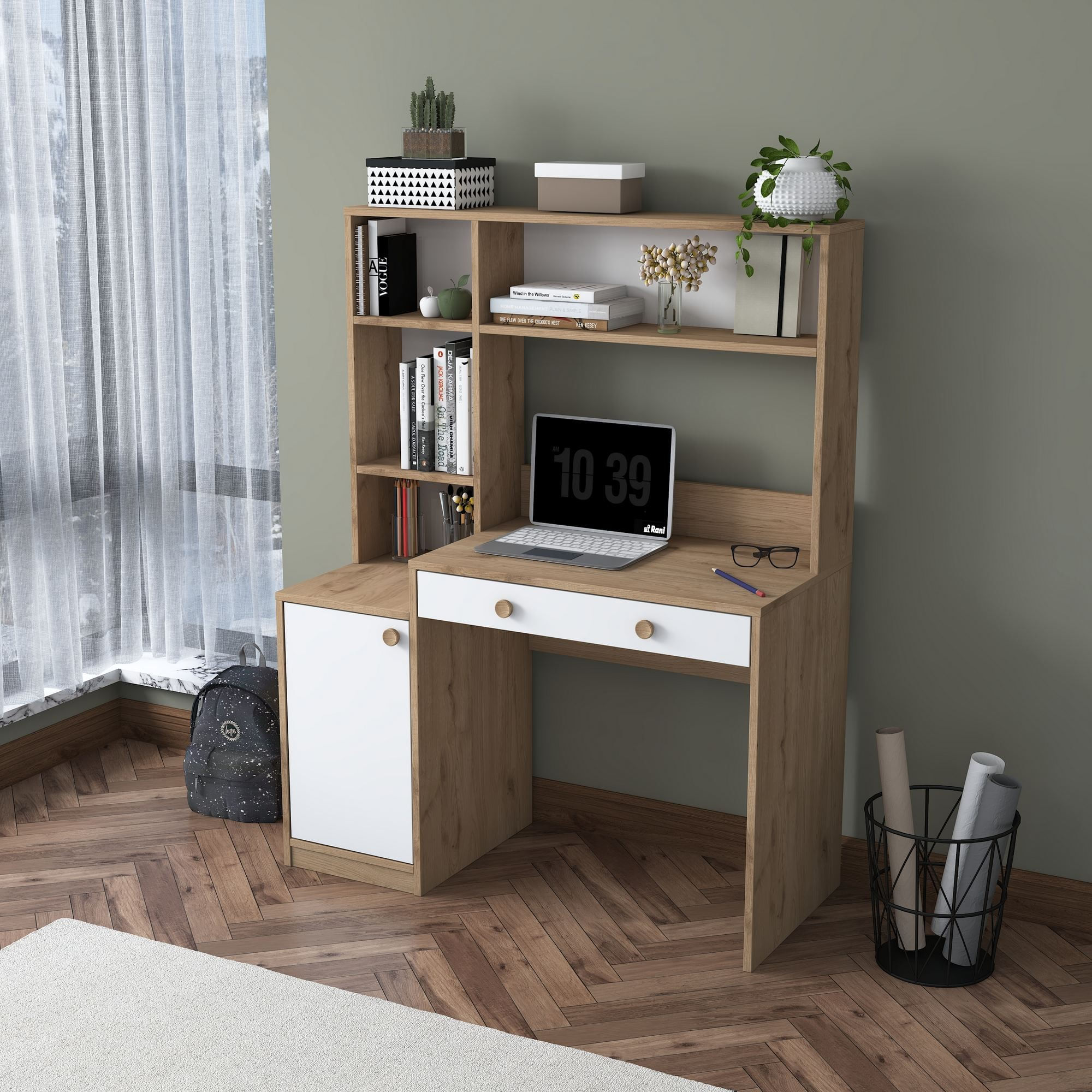 Birou cu biblioteca HA126 - 4117, 115 x 146 x 50 cm, nuc alb, PAL, design modern — imaginea 10