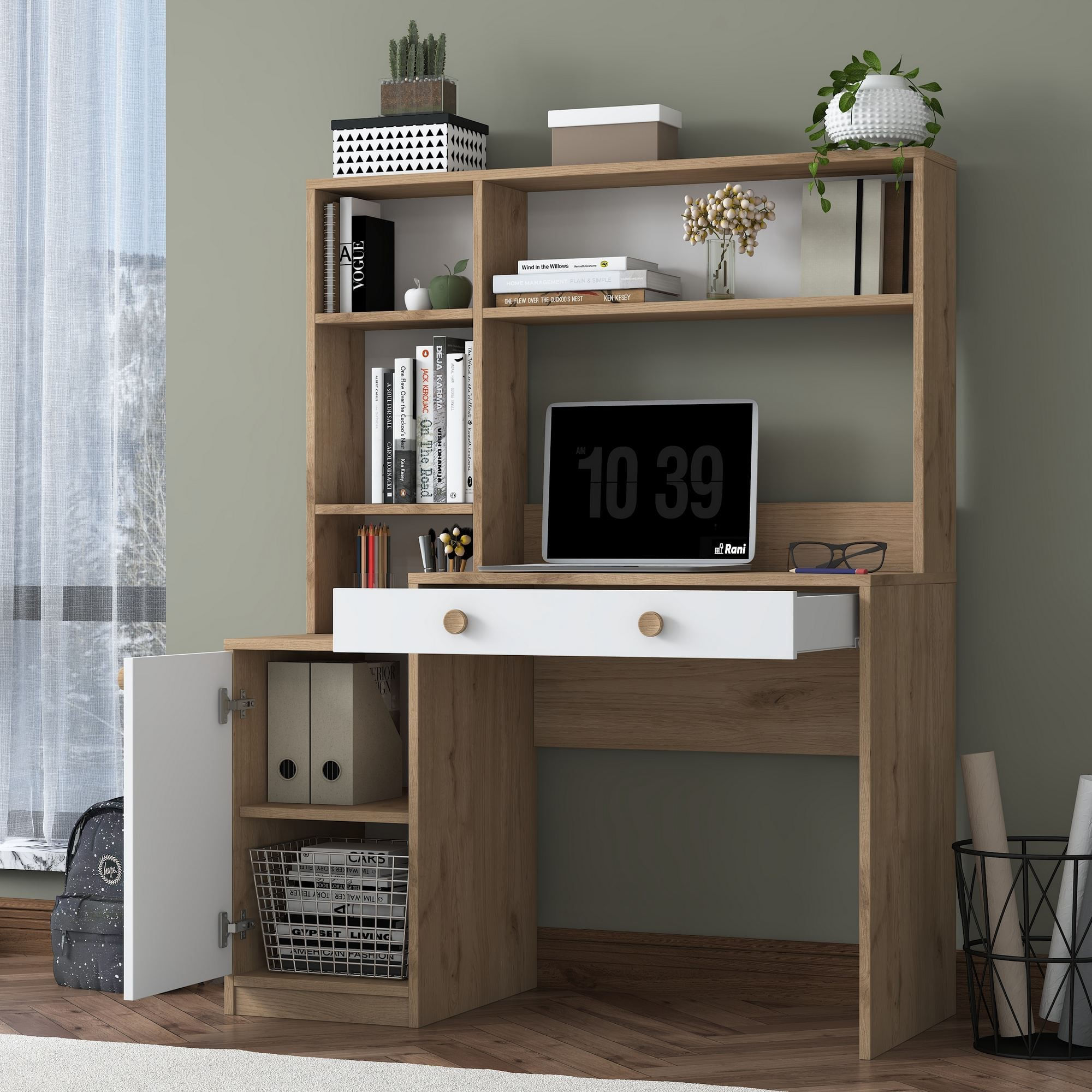 Birou cu biblioteca HA126 - 4117, 115 x 146 x 50 cm, nuc alb, PAL, design modern — imaginea 11