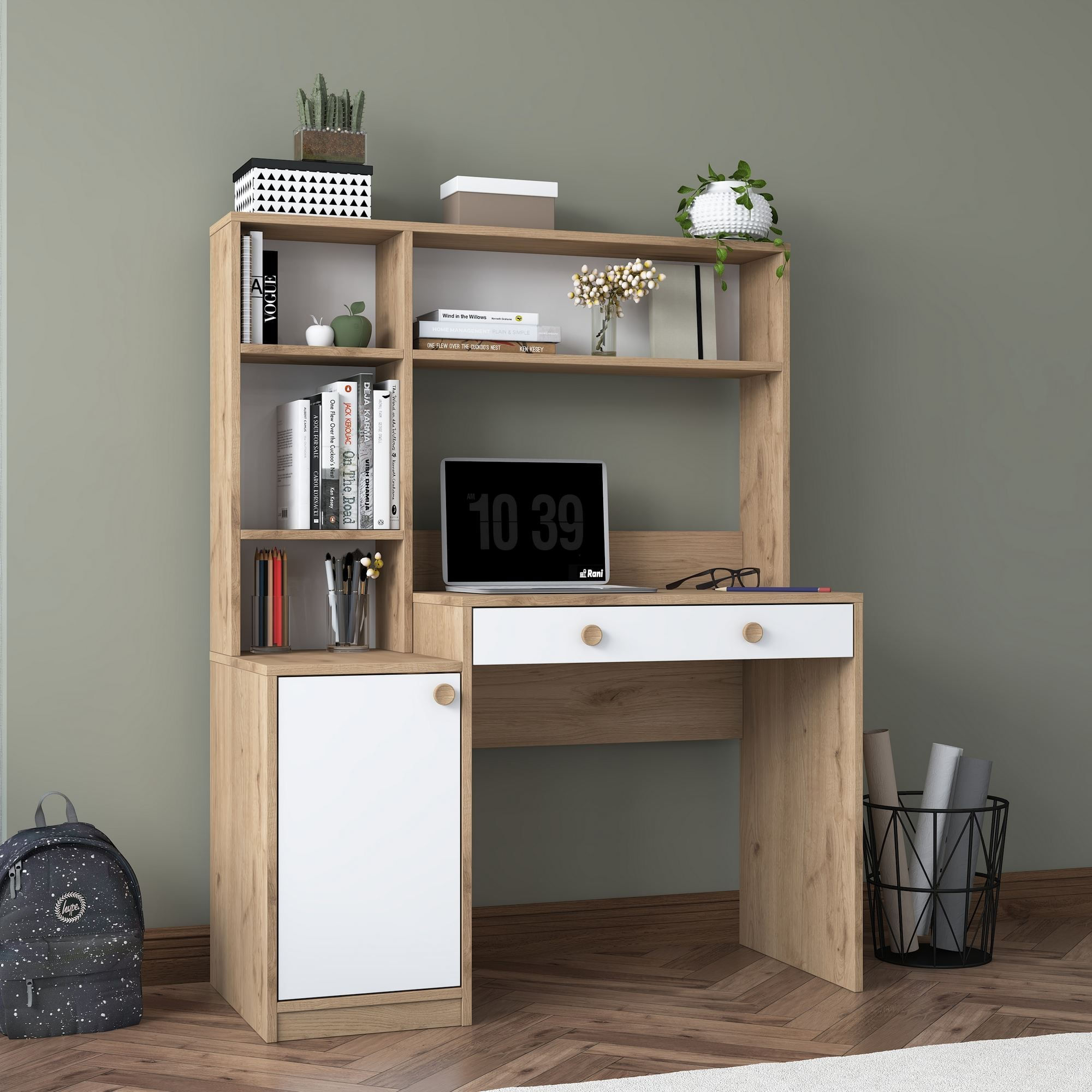 Birou cu biblioteca HA126 - 4117, 115 x 146 x 50 cm, nuc alb, PAL, design modern — imaginea 12