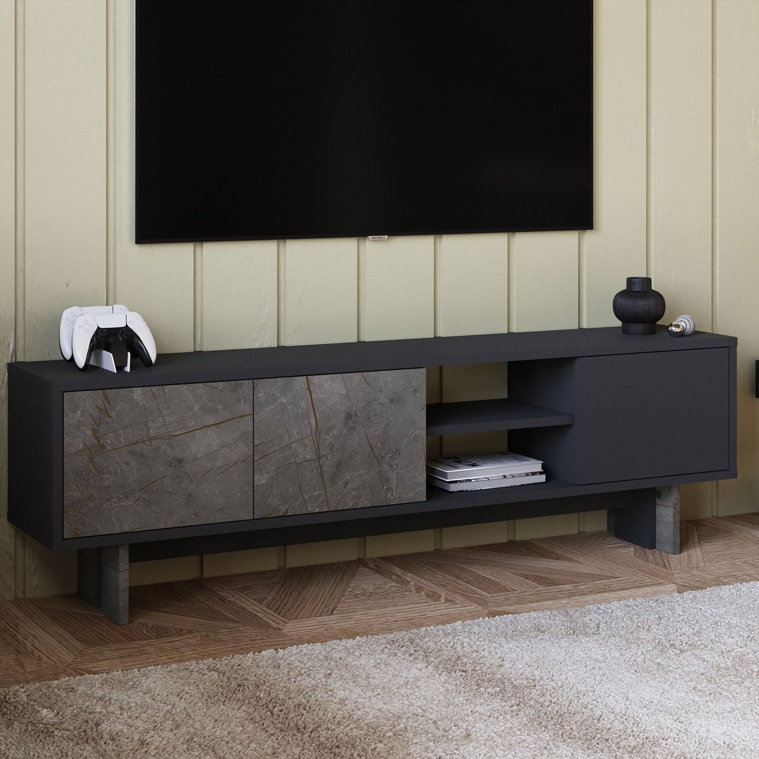 Comoda TV Ravello, 150 x 45 x 30 cm, marmura antracit, PAL melaminat, fixare pe perete, marble / antracit — imaginea 3